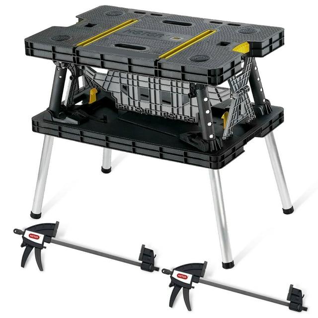 Keter Folding Portable Workbench Sawhorse with (2) 12" Clamps, Black and Yellow