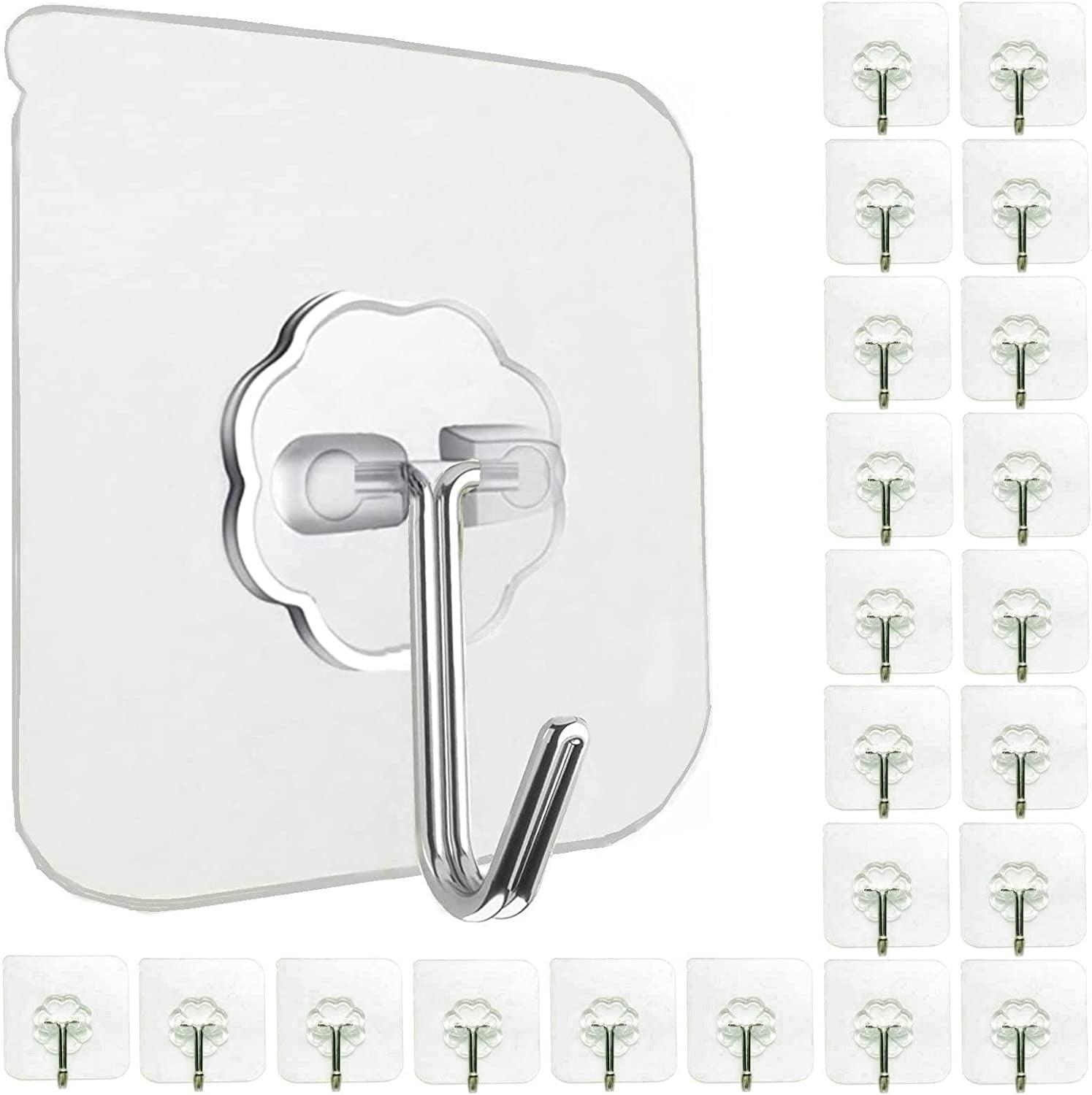 24 Pack Wall Hooks for Hanging 33lb(Max) Heavy Duty Self Adhesive Hooks Transparent Waterproof Sticky Hooks for Keys Bathroom Shower Outdoor Kitchen