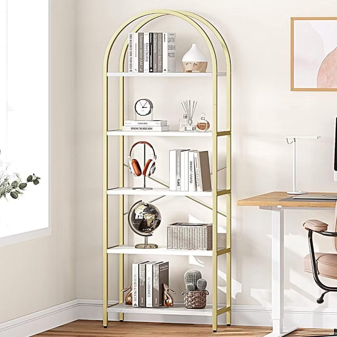 Gold and White Arched 5-Tier Metal and Wood Bookshelf