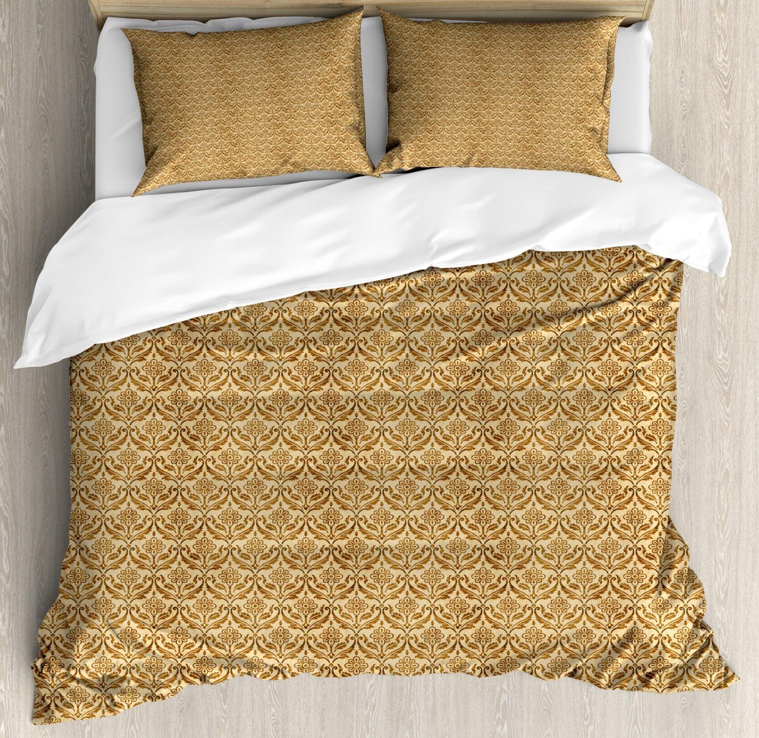 Beige Damask Pattern Microfiber Queen Duvet Cover Set