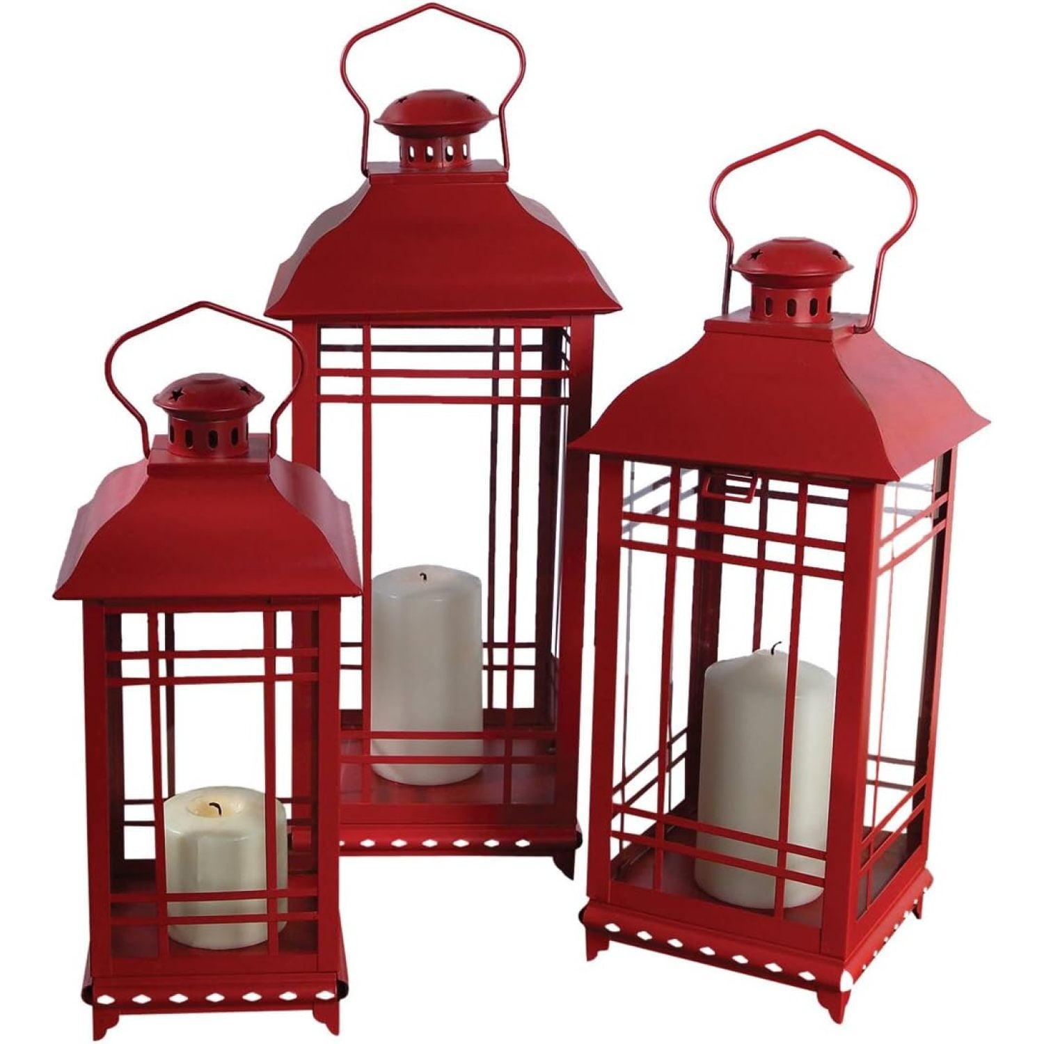 Melrose Lantern, Metal & Glass, Set of 3, Red, Candle Lantern Rustic Farmhouse Decor for Patio, Deck and Garden and Hanging Outside Light