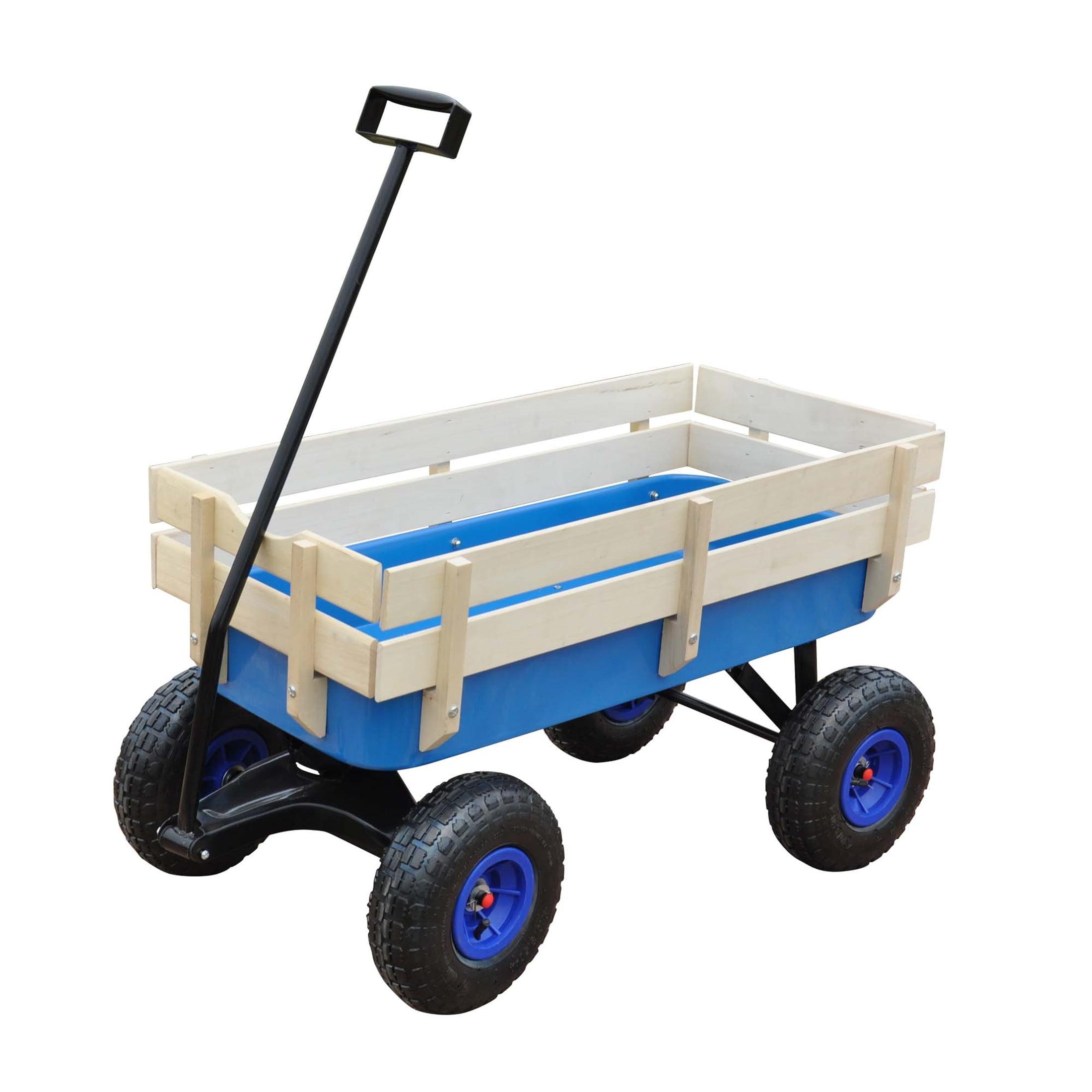 Blue All-Terrain Wagon with Wooden Guardrails and Air Tires