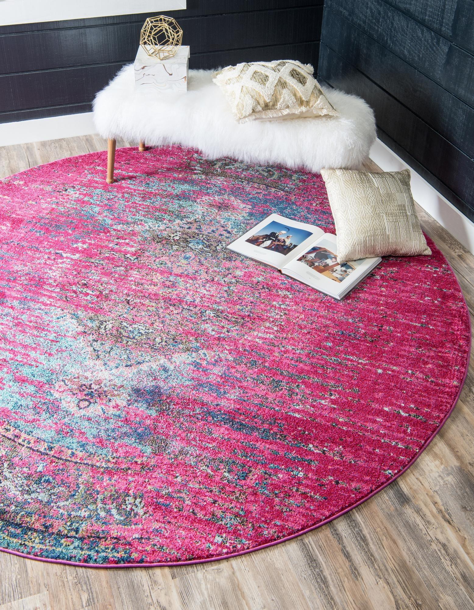 Fuchsia Round Medallion Easy Care Synthetic Rug