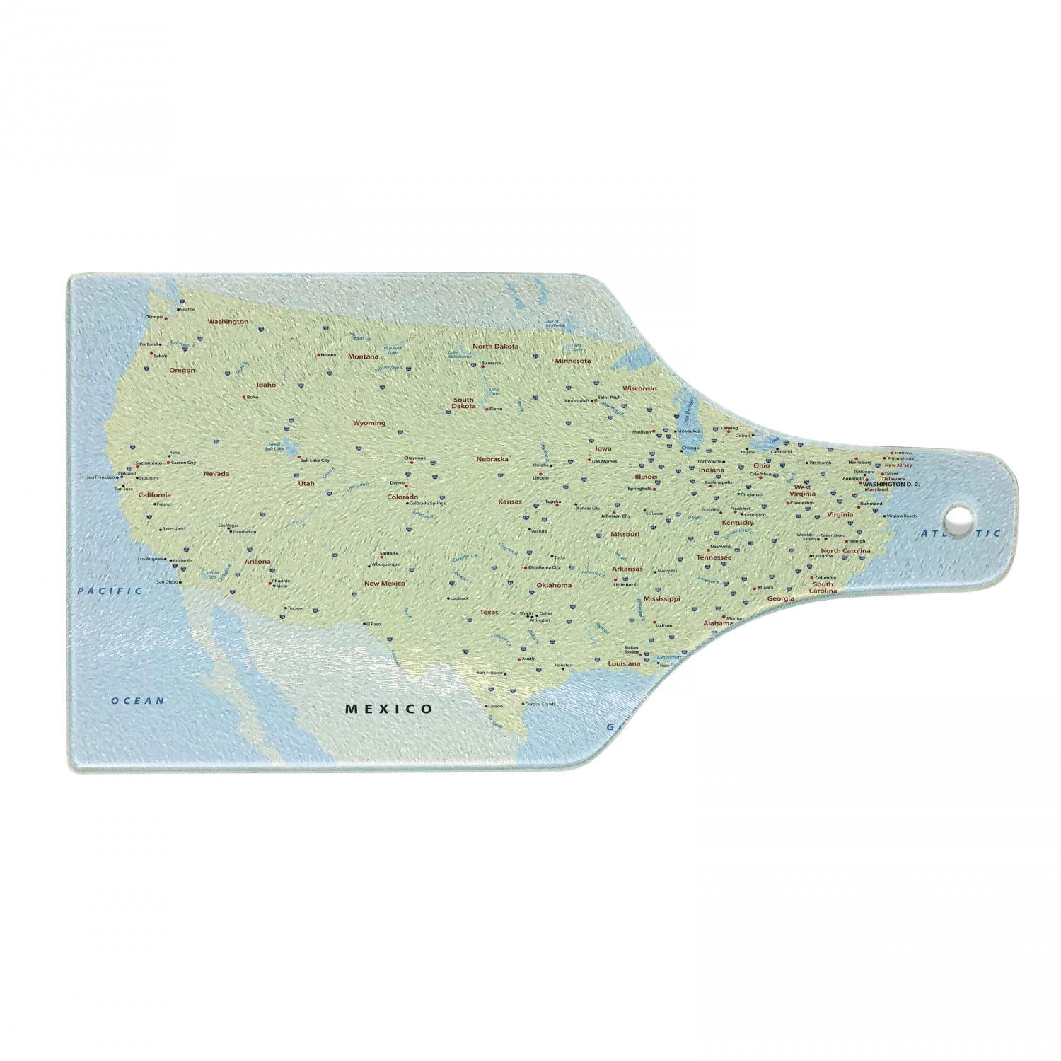 Ambesonne Map Tempered Glass Cutting Board America Cities Interstate Yellow Red Pale Blue