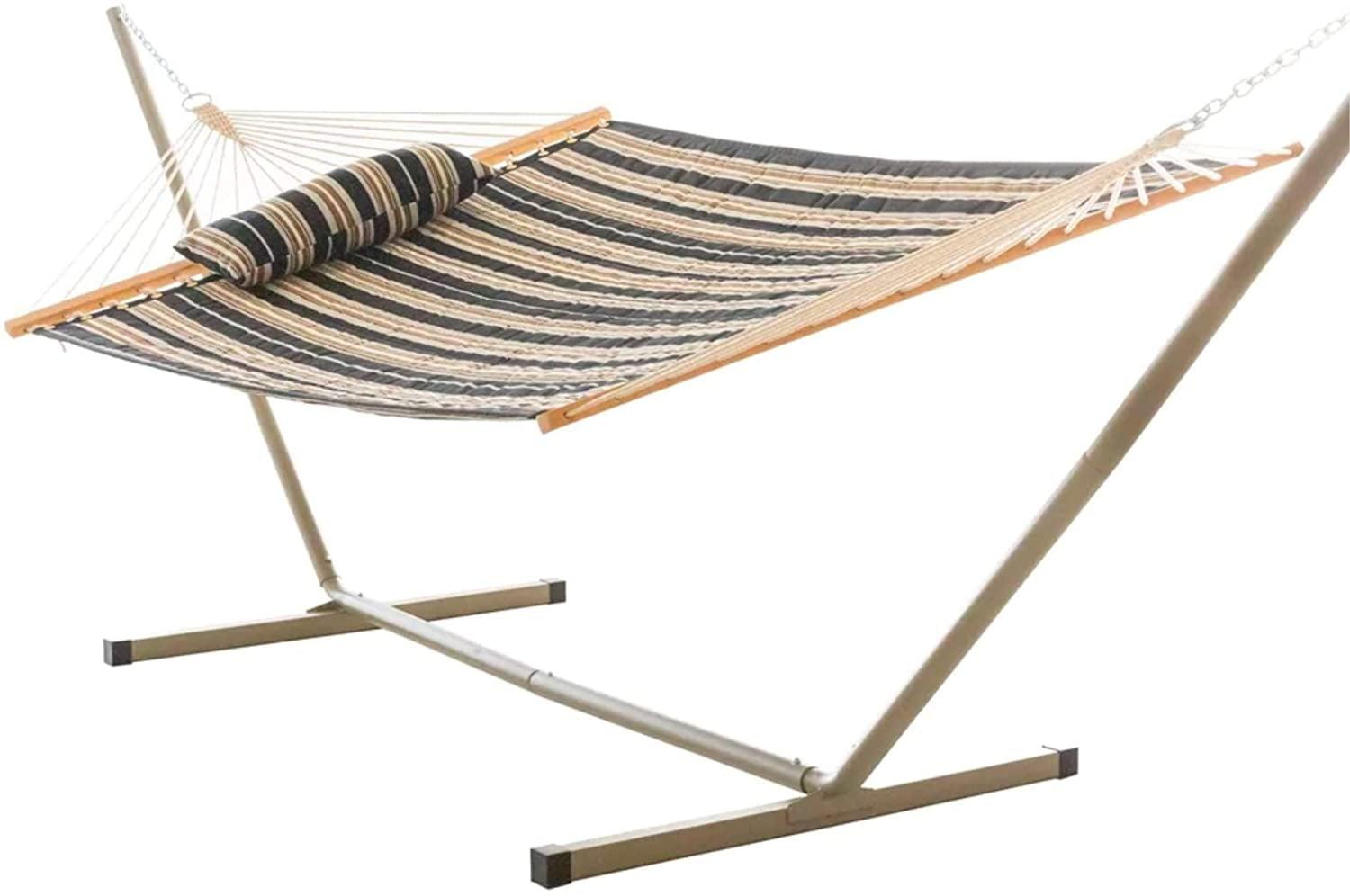 Beige and Black Striped Quilted Hammock with Stand and Pillow