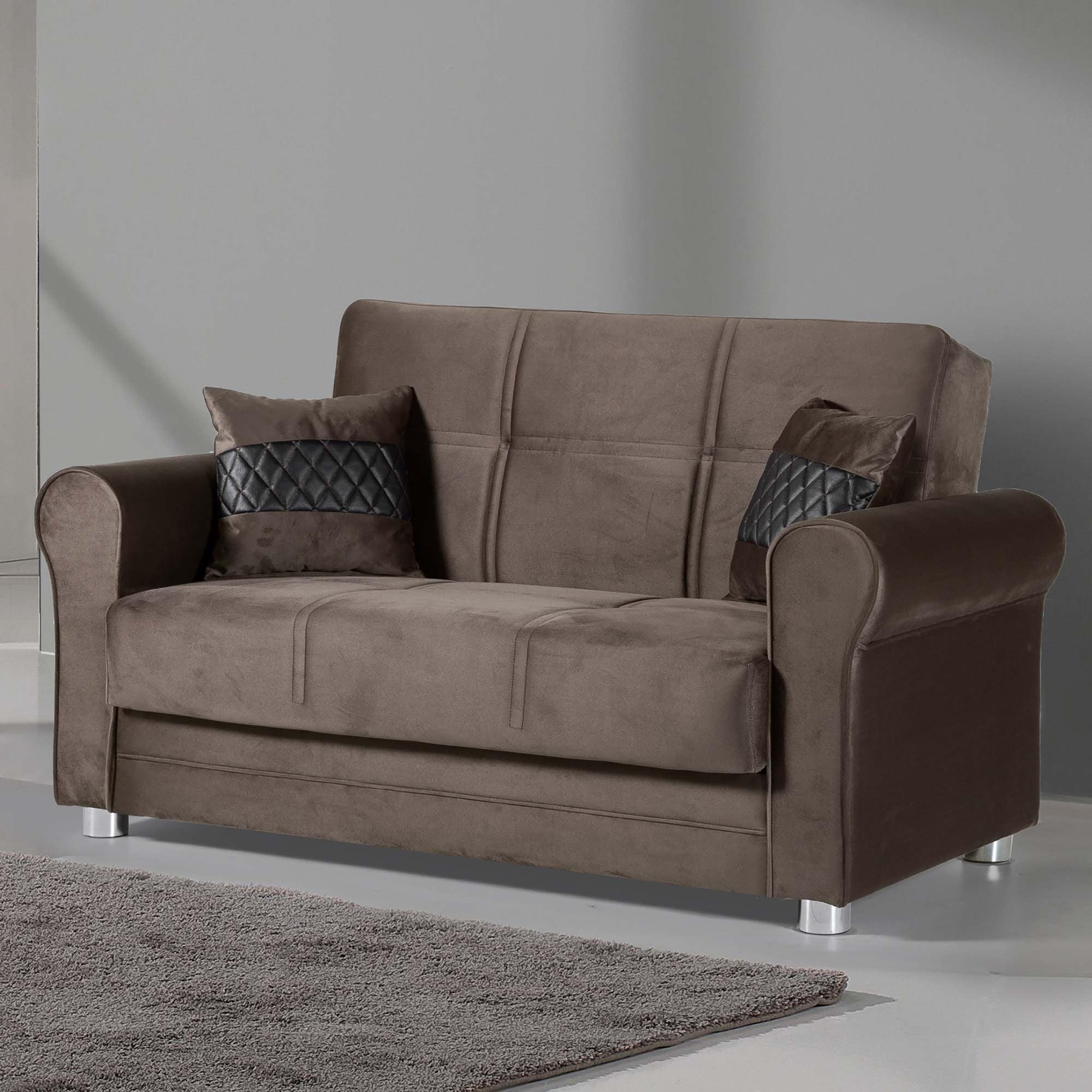 Chenille Brown Microfiber Loveseat with Round Arm and Storage