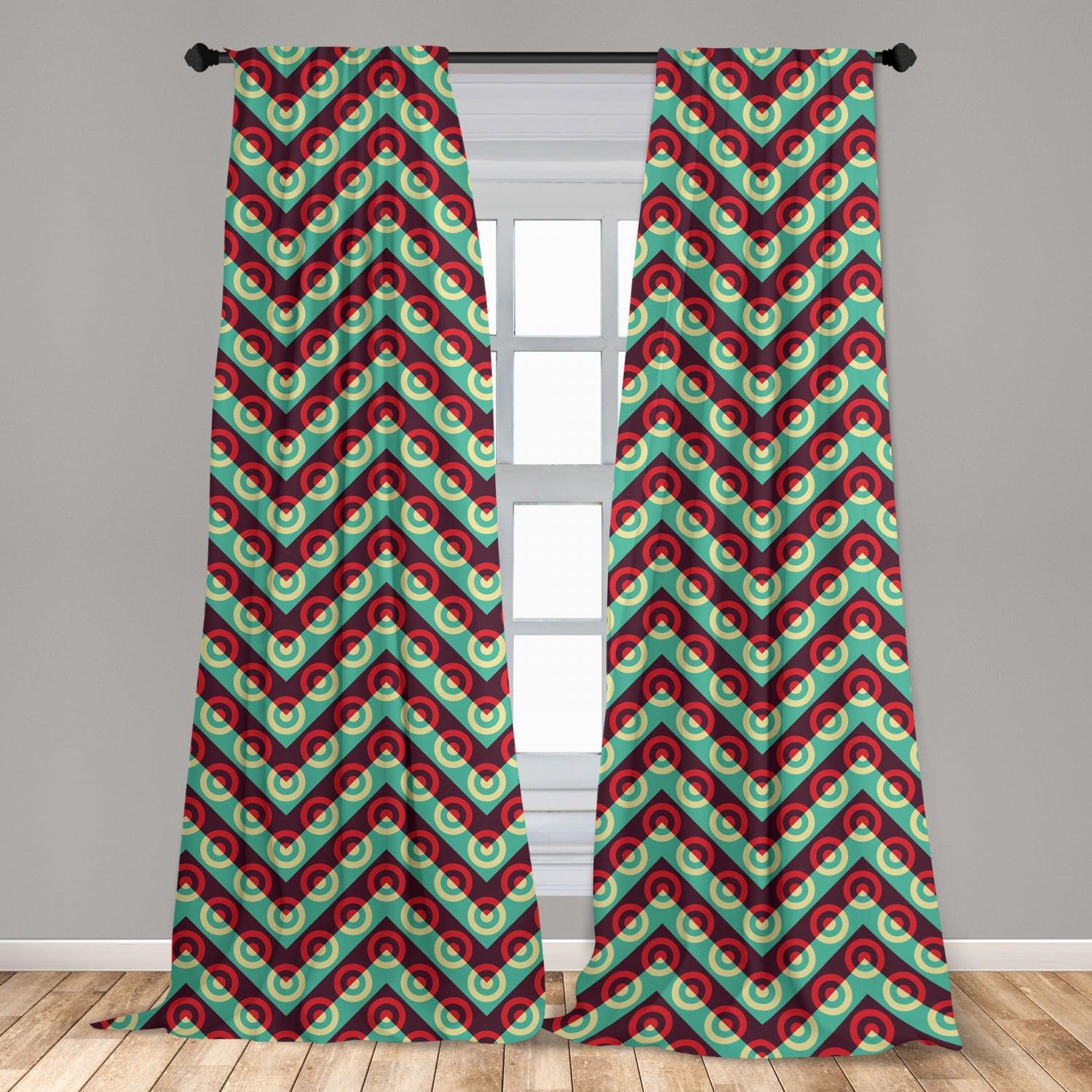 Retro Geometric Maroon and Sea Green Polyester Curtain Panels