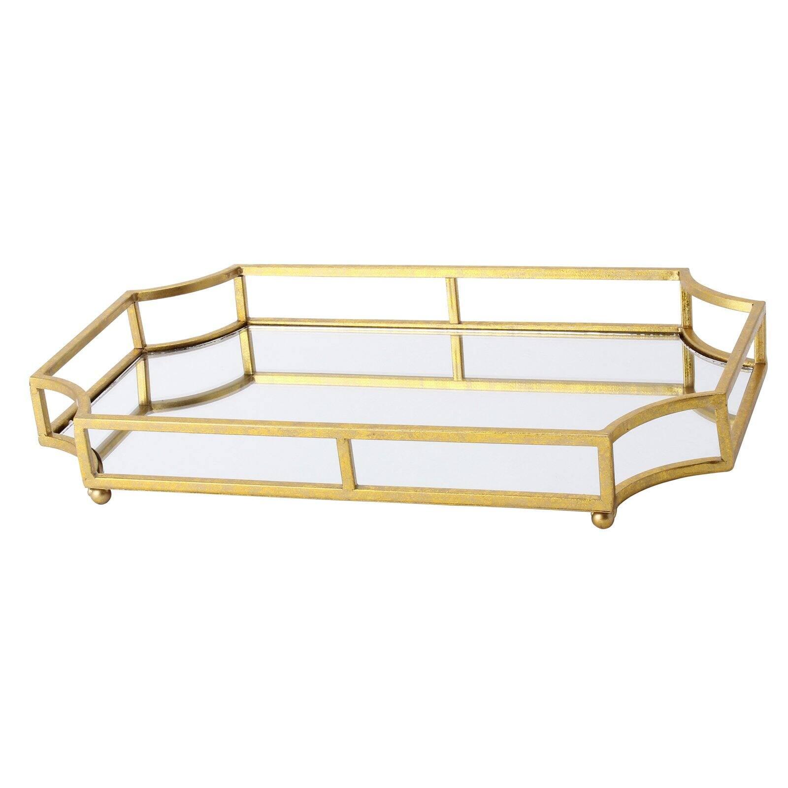 Gold Mirrored Glass Rectangular Decorative Tray with Metal Feet