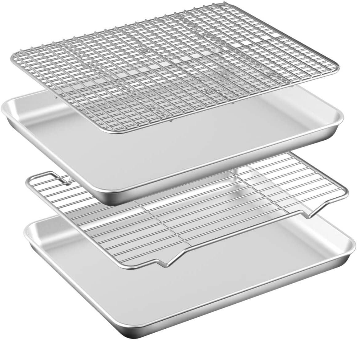 Baking Sheet with Rack Set [2 Pans + 2 Racks ] HKJ Chef Stainless Steel Cookie Sheet Baking Pan Tray with Cooling Rack, Size 9x7x1 Inch, Non Toxic & Heavy Duty & Easy Clean