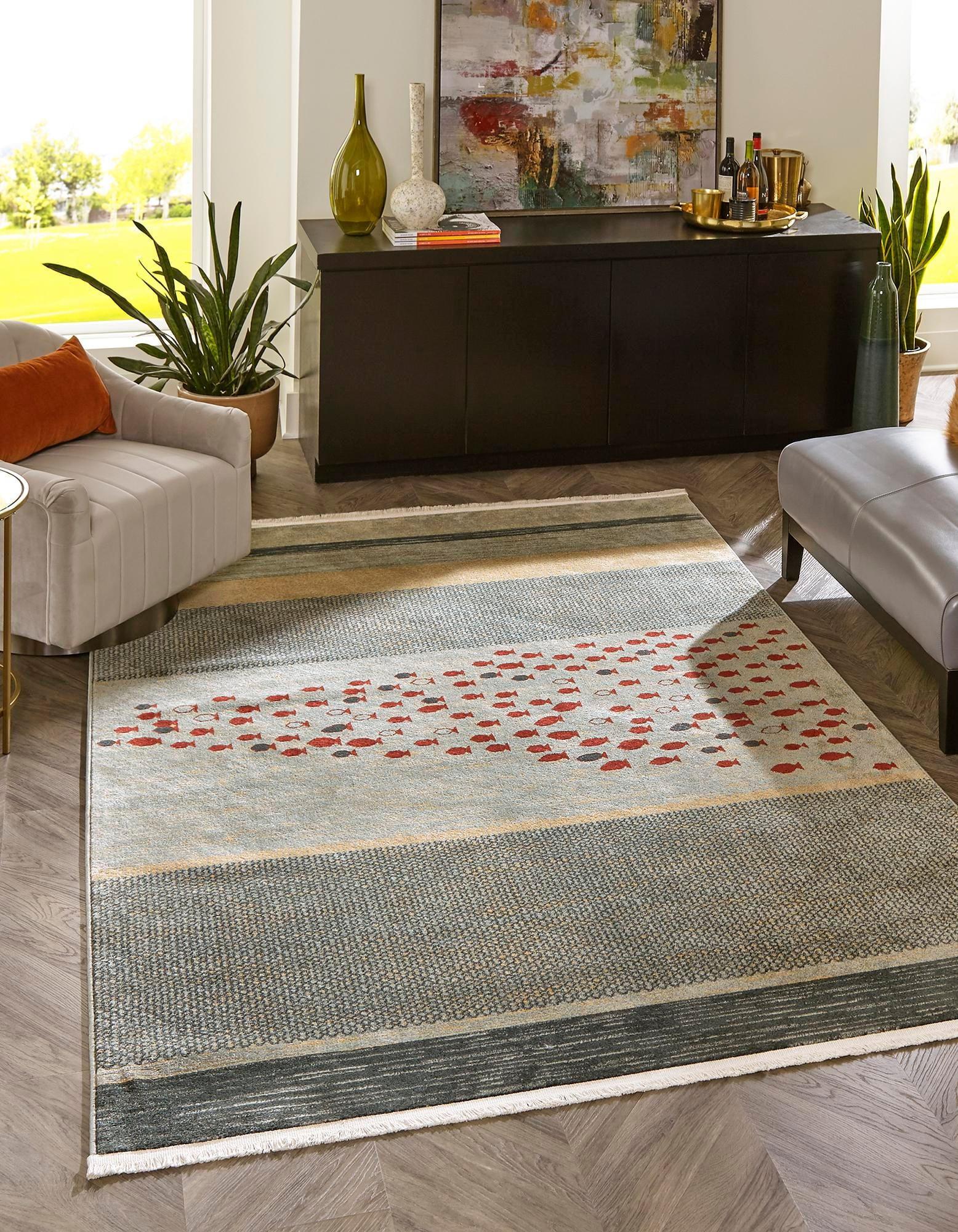 Blue and Beige Striped Synthetic 5' x 8' Area Rug