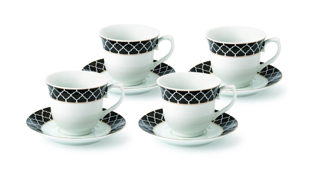 Elegant Black and Gold Porcelain Tea Cups and Saucers Set, 8 oz