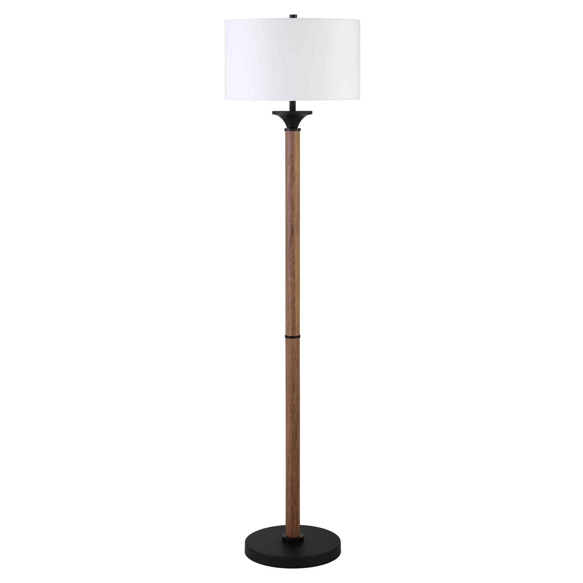 Rustic Oak & Blackened Bronze 66" Modern Floor Lamp with Linen Shade