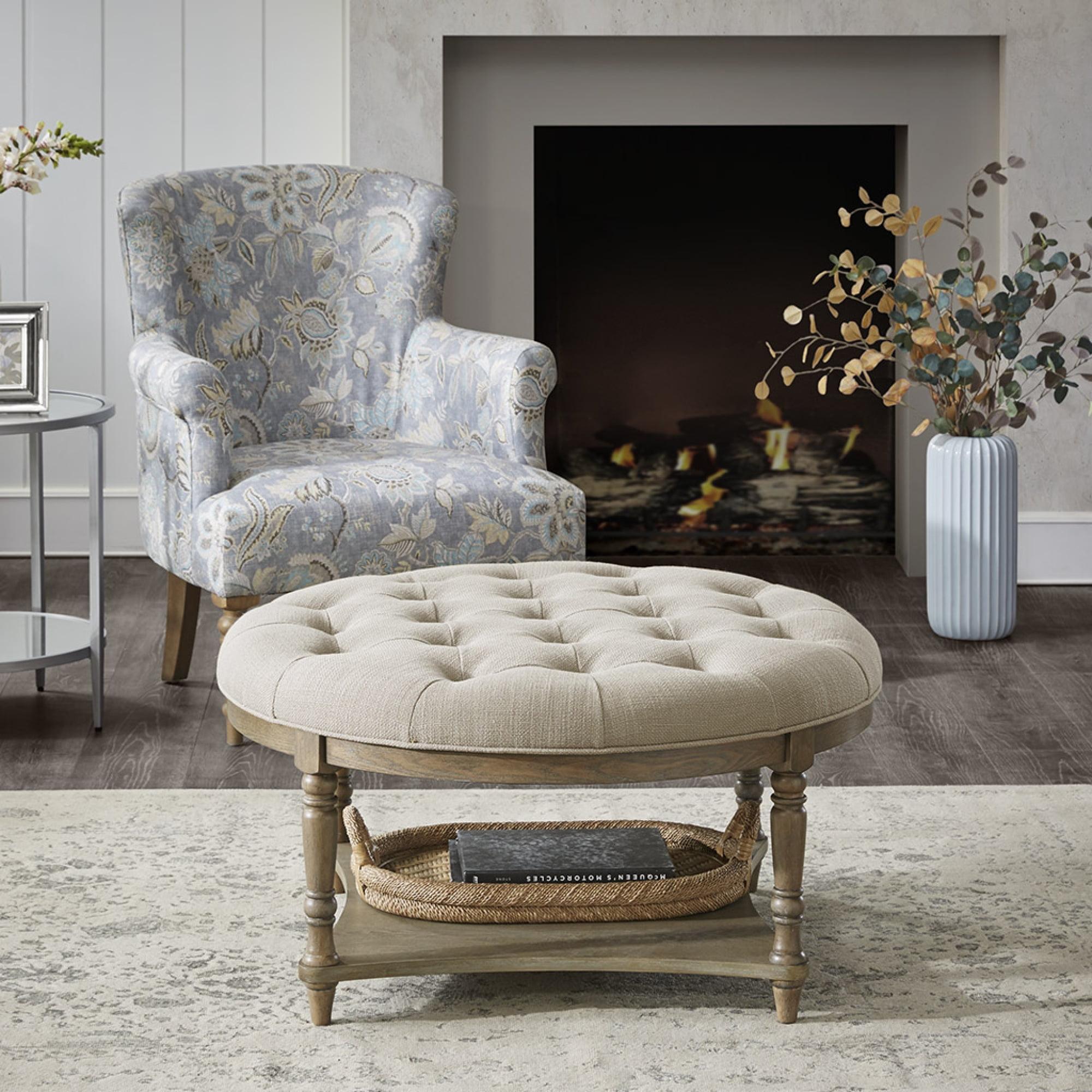 Elegant Cedric Tufted Round Ottoman with Storage in Cream