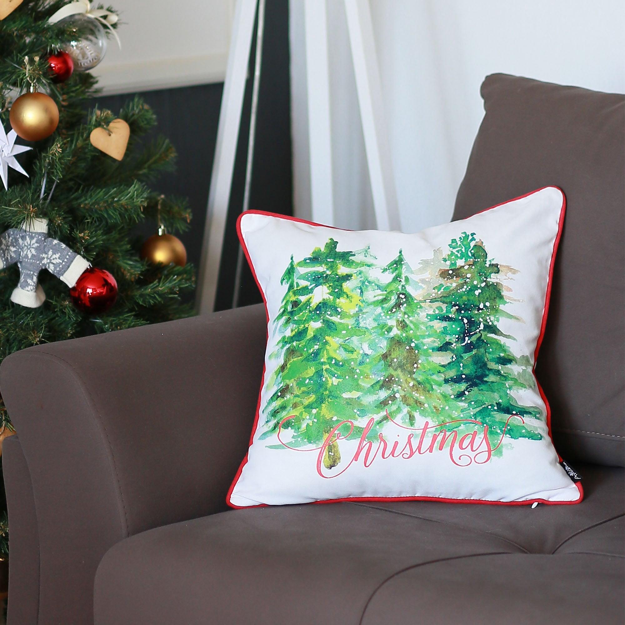 Christmas Trees White and Green Polyester Square Pillow Cover 18" x 18"