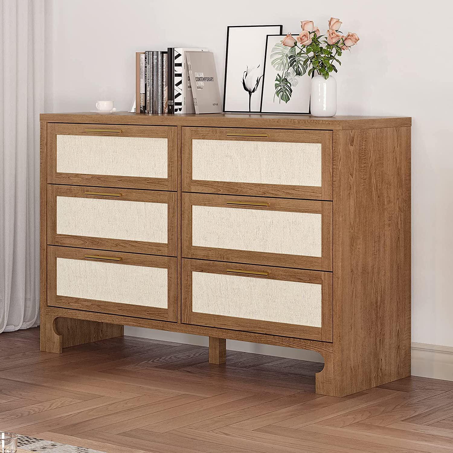 Caramel and Burlap 6-Drawer Double Dresser with Gold Handles