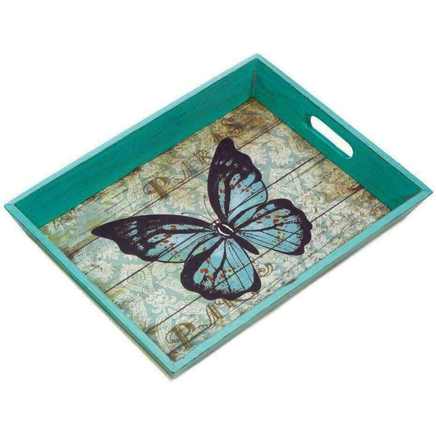 Weathered Blue Butterfly Print Decorative Serving Tray