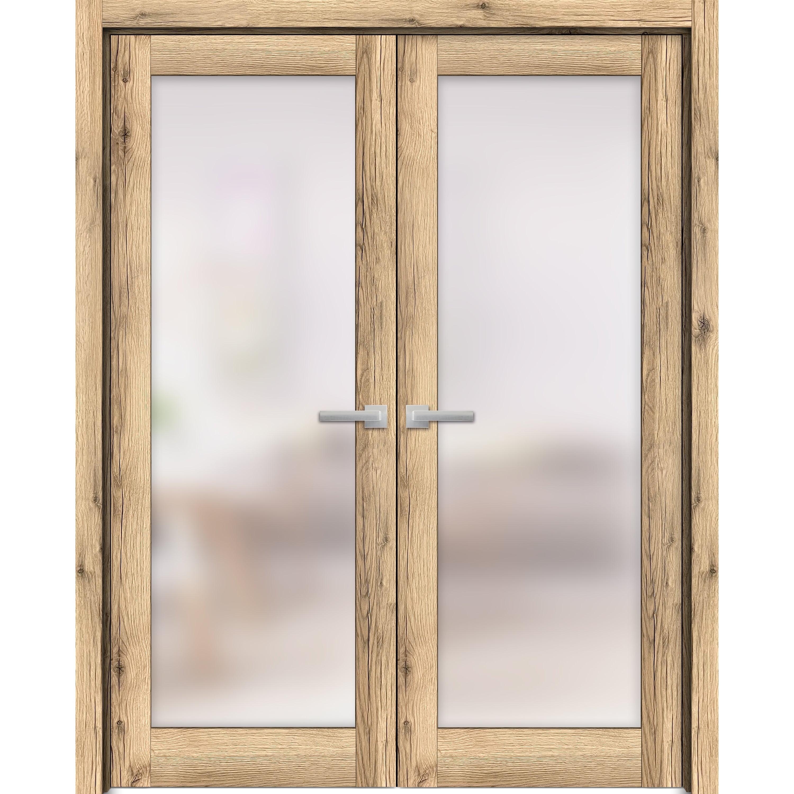 Modern Oak French Double Doors with Frosted Glass Panels, 60 x 84 inches