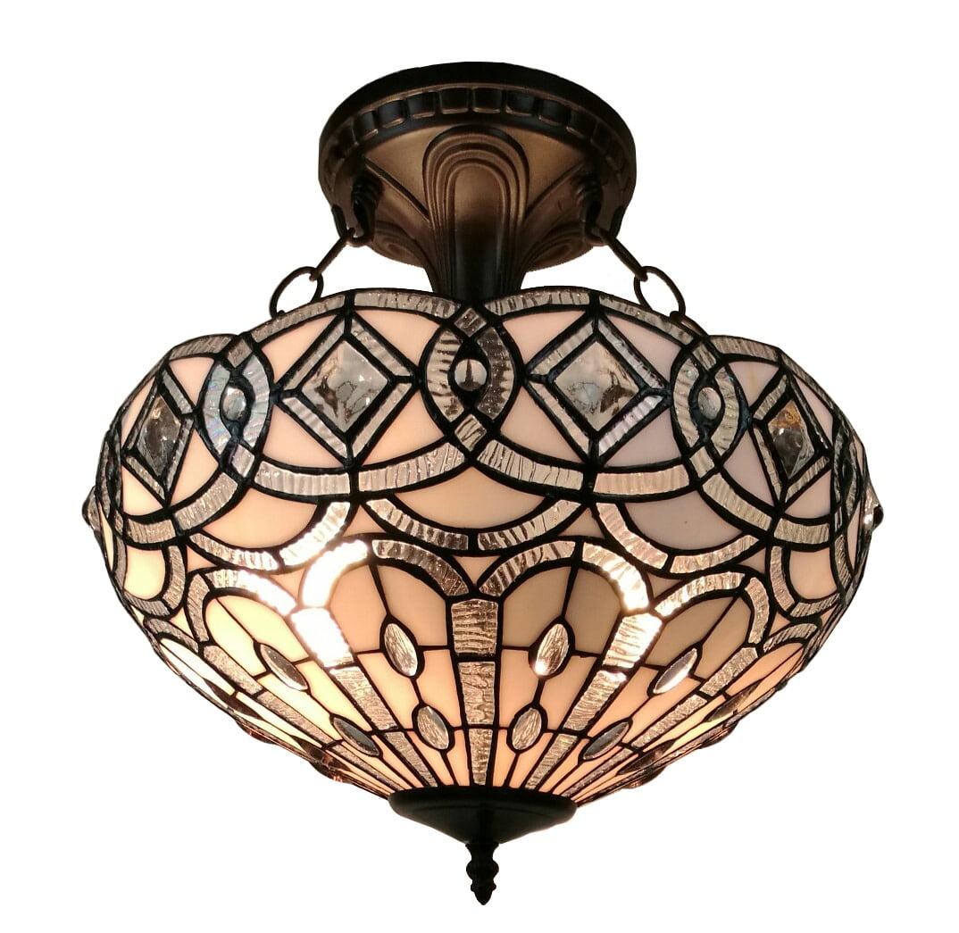 Antique Tiffany Style Glass Semi-Flush Ceiling Light