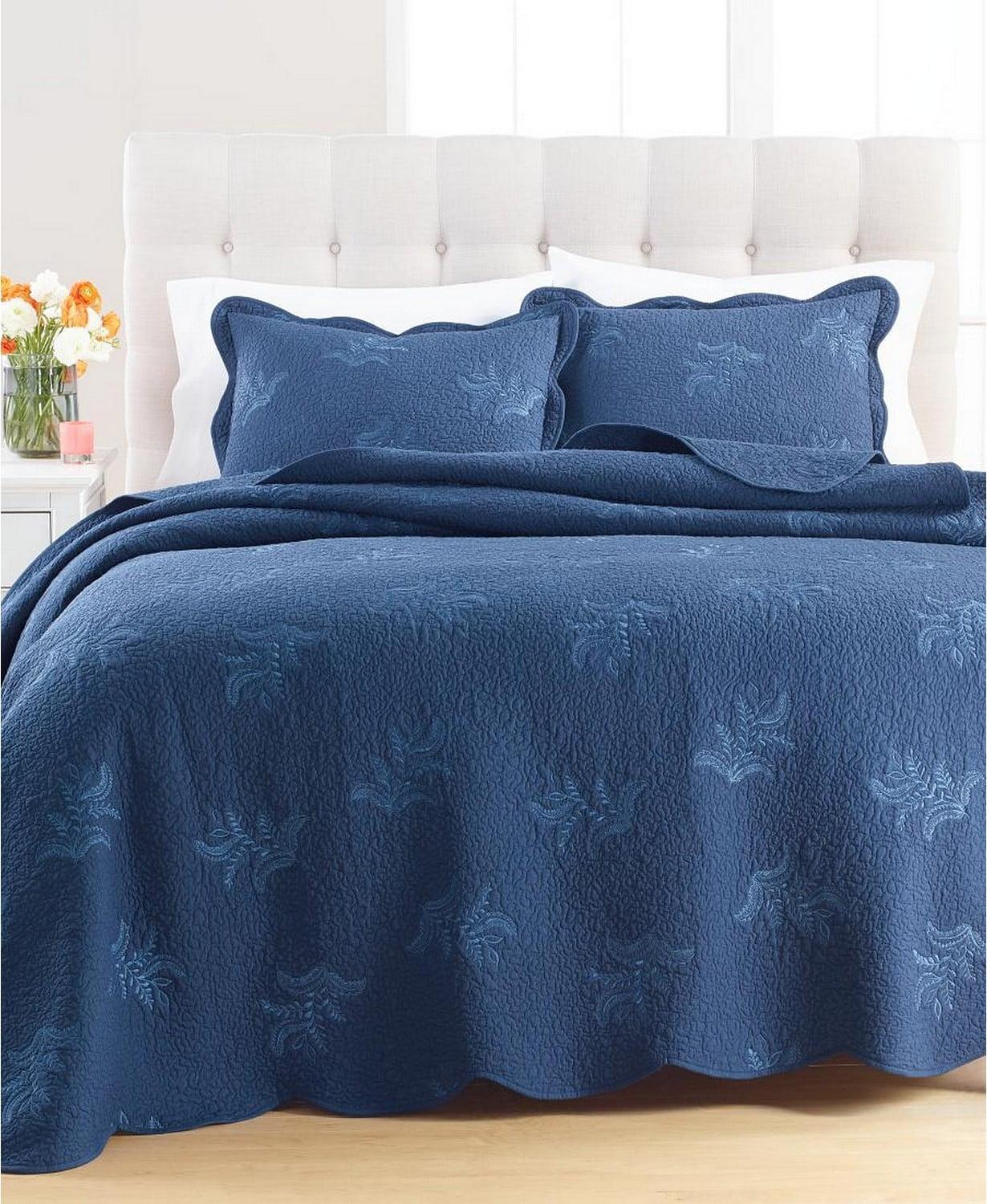 Blue Cotton Embroidered Stenciled Leaves Standard Sham