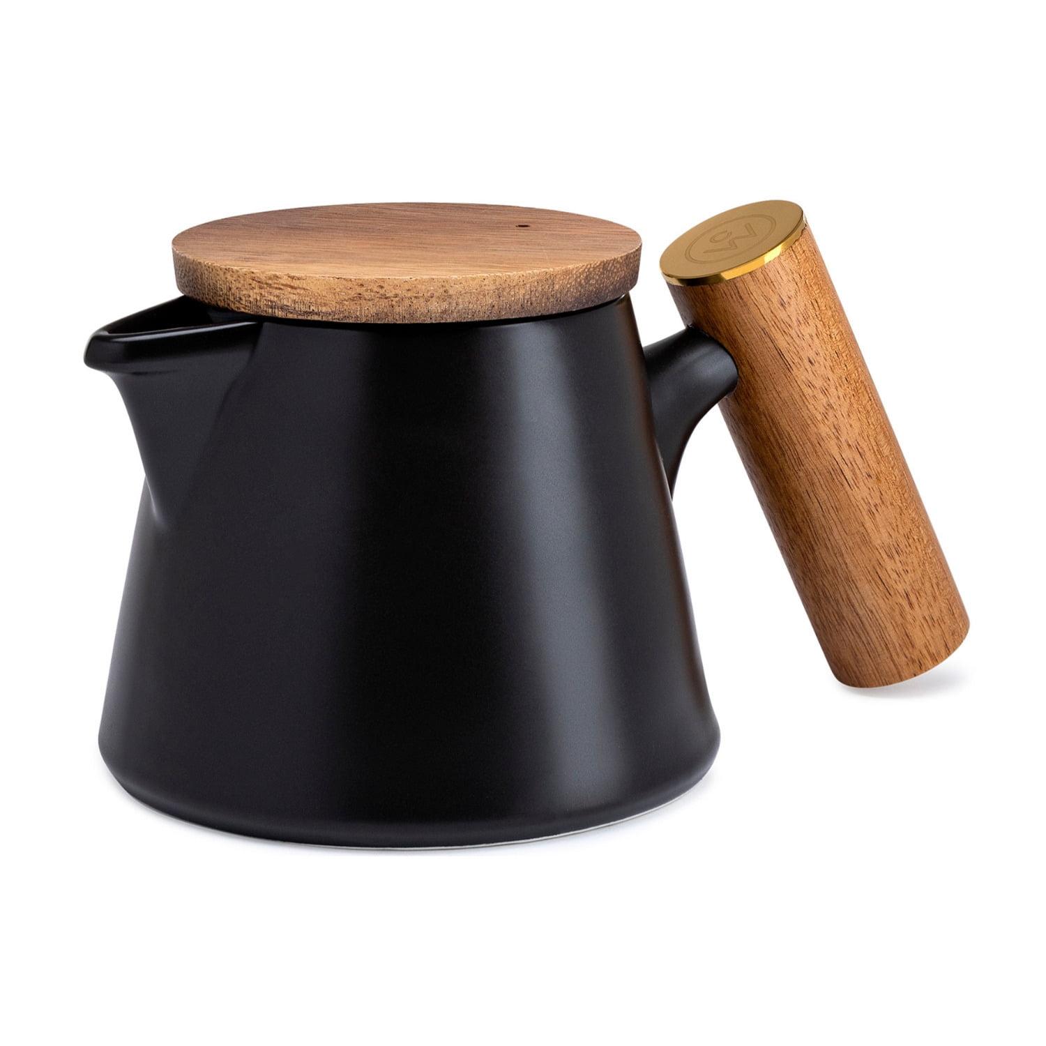 Black Ceramic Tea Pot with Bamboo Lid and Infuser, 20 oz.