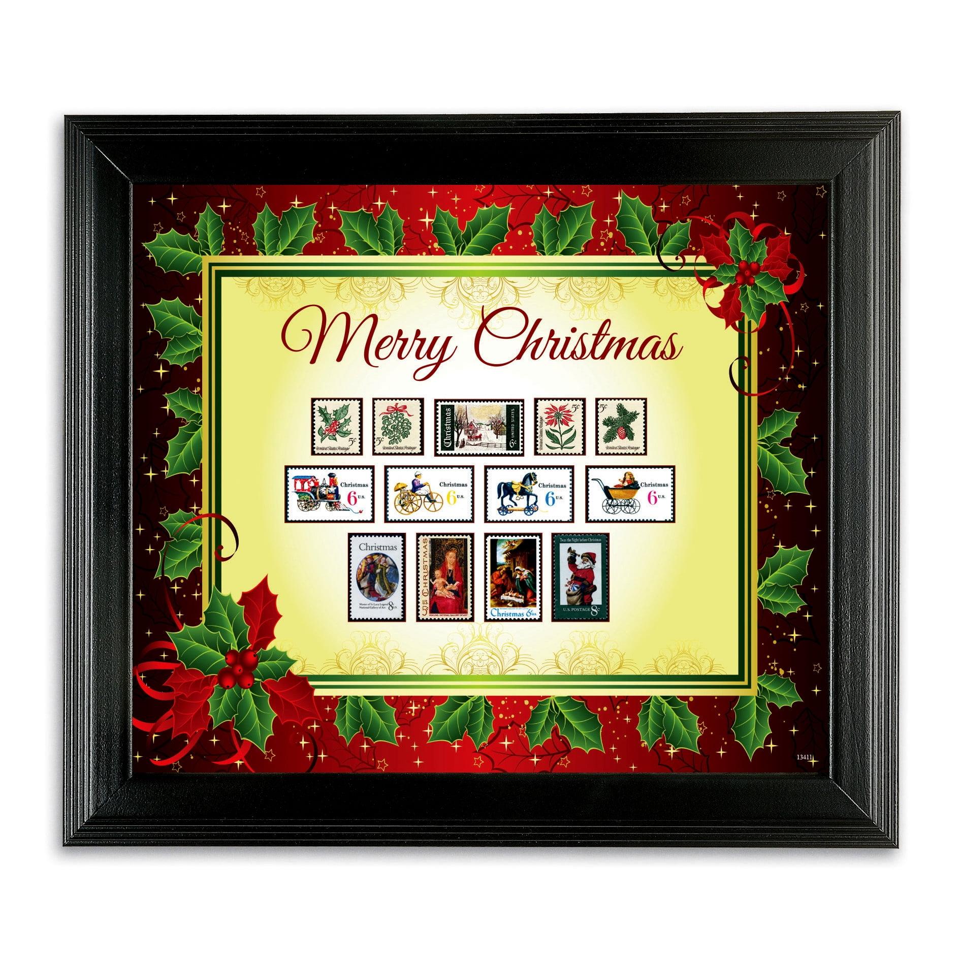 Vintage Christmas Stamps in Black Wood Frame