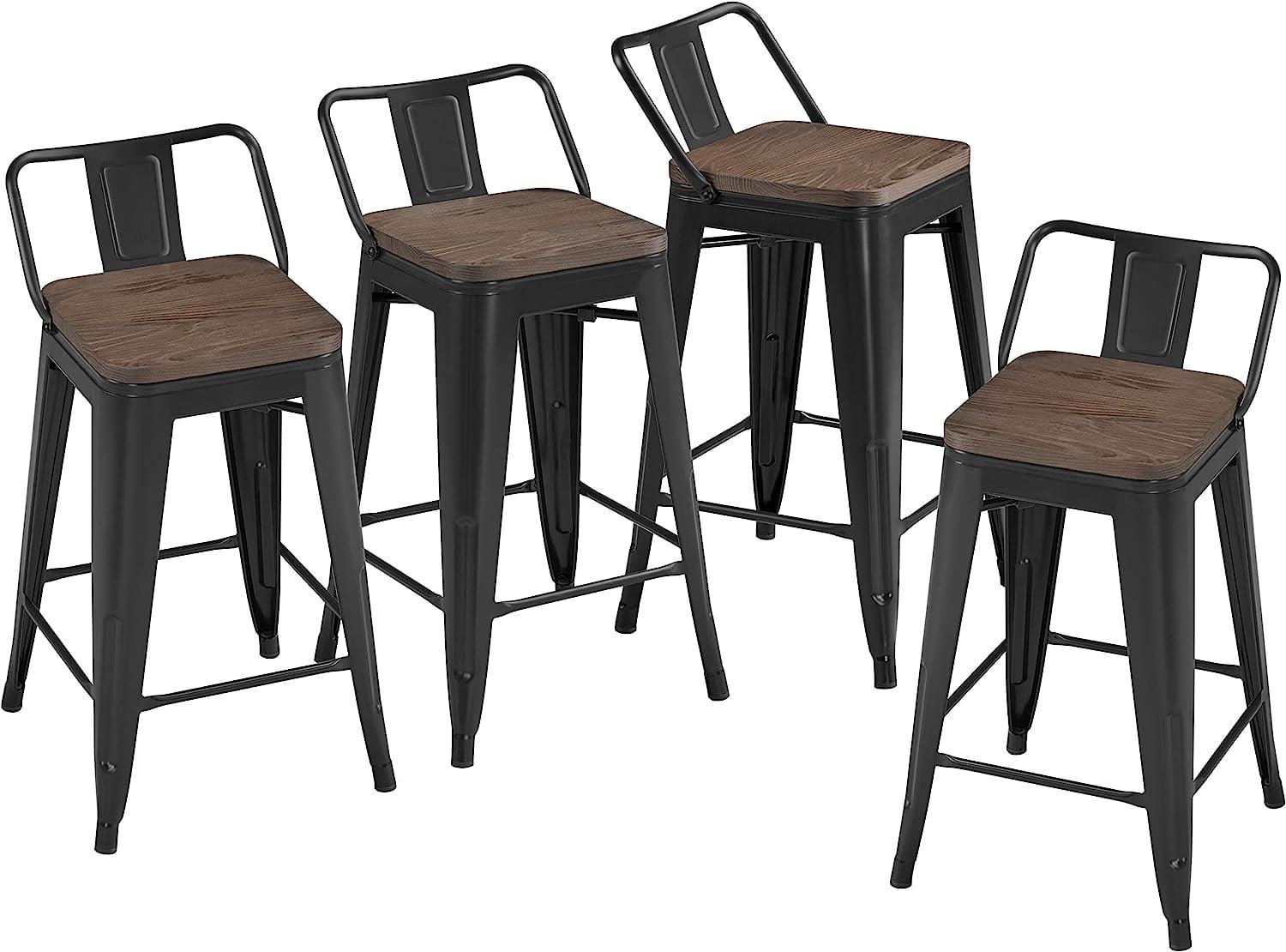 U-SHARE 24'' Metal Bar Stool 4PCS Low Back Conuter Stools for Indoor/Outdoor Barstools Metal Black Stools Bar Chairs w/Wooden Seat Metal Leg Industrial Counter Height Stools Black