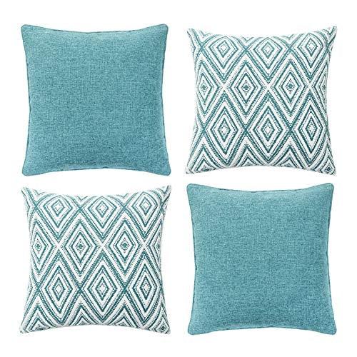 HPUK Decorative Throw Pillow Covers Set of 4 Geometric Design Linen Cushion Cover for Couch Sofa Living Room, 17"x17" inches, Aqua Blue