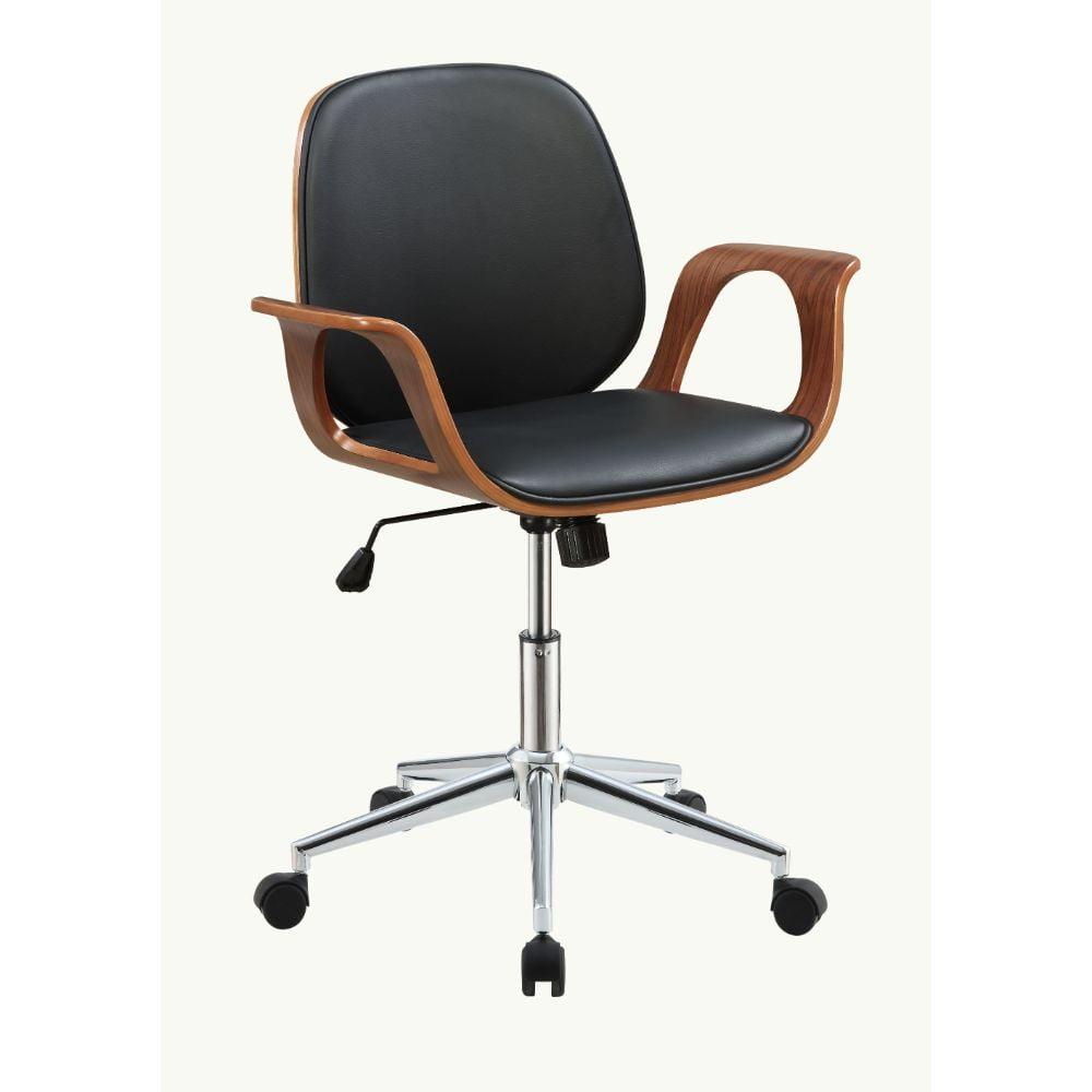 Modern Black Faux Leather and Walnut Wood Task Chair