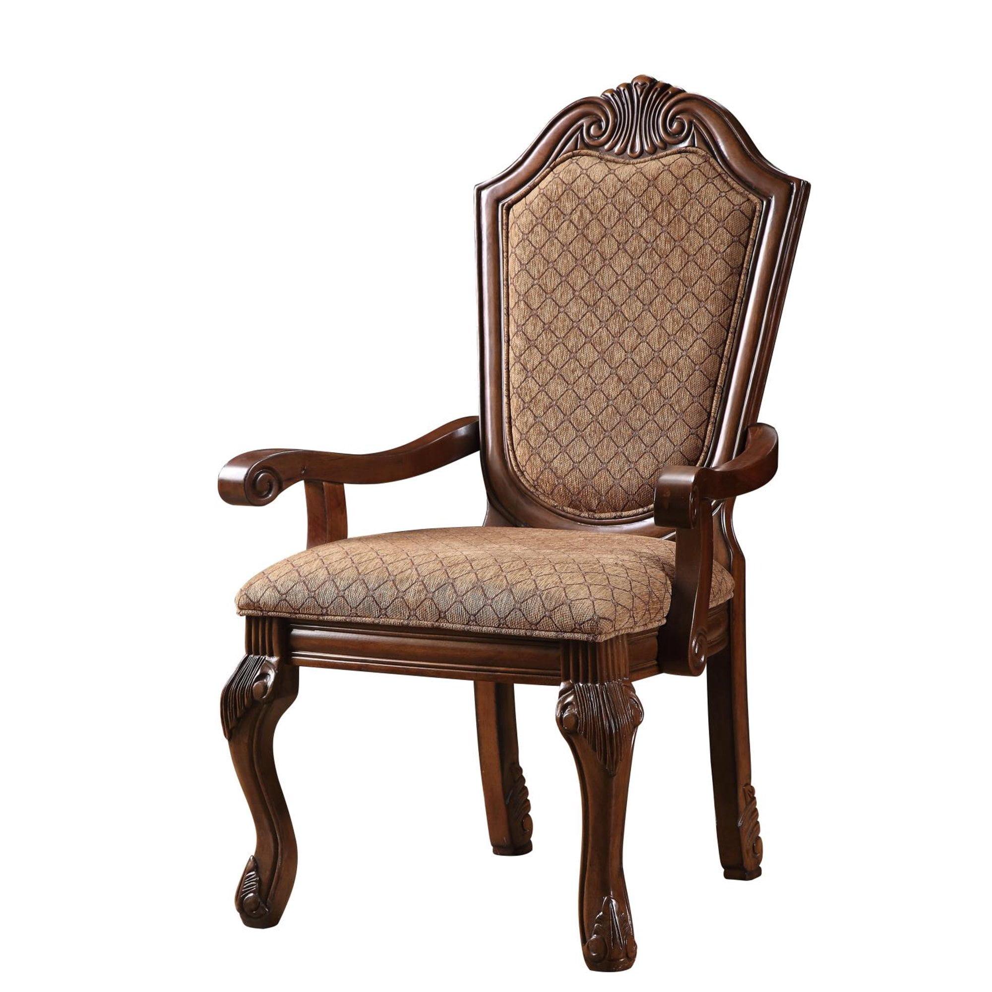 Luxurious Chateau White Floral Upholstered Armchair with Cherry Wood Accents