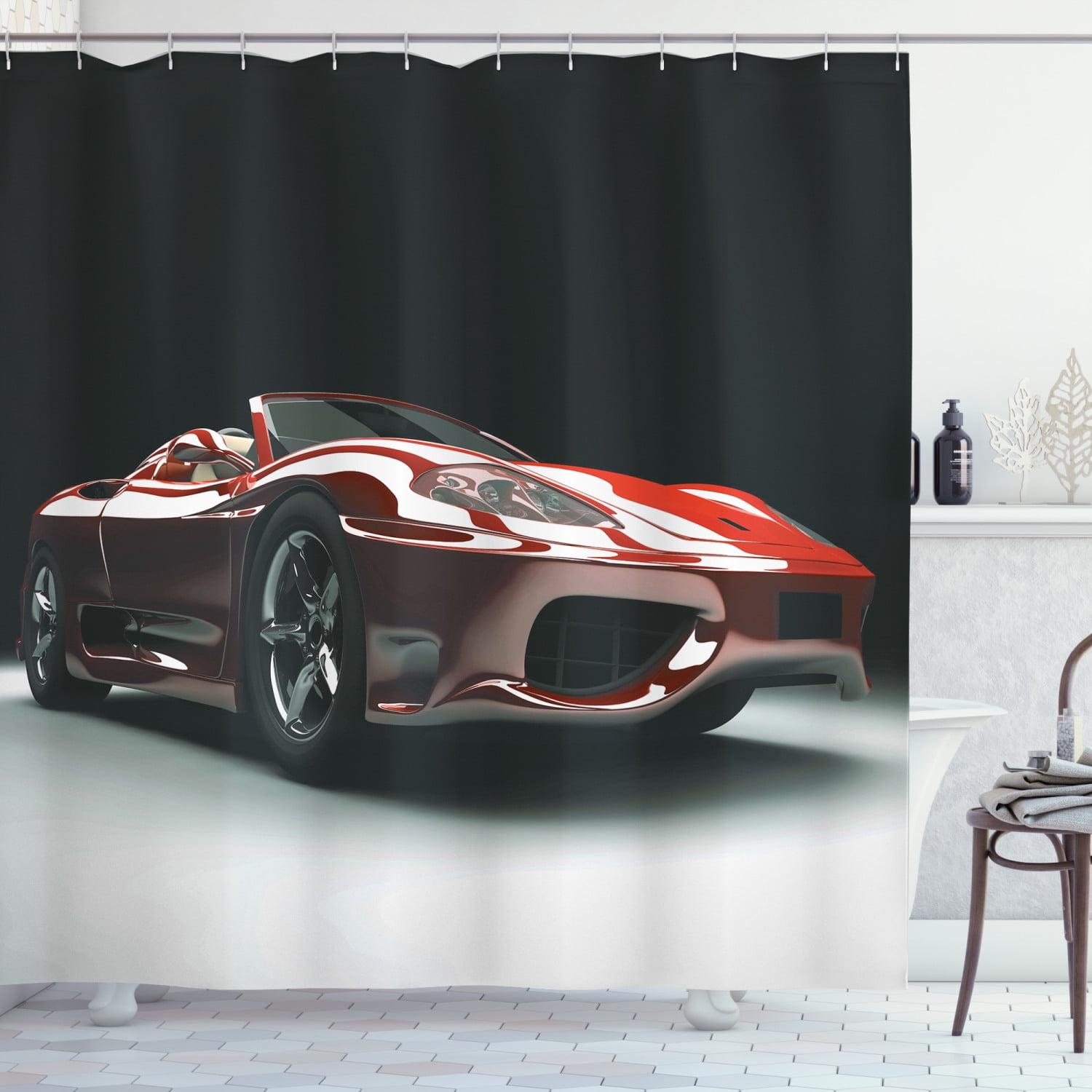 Red Black White Car Print Waterproof Shower Curtain