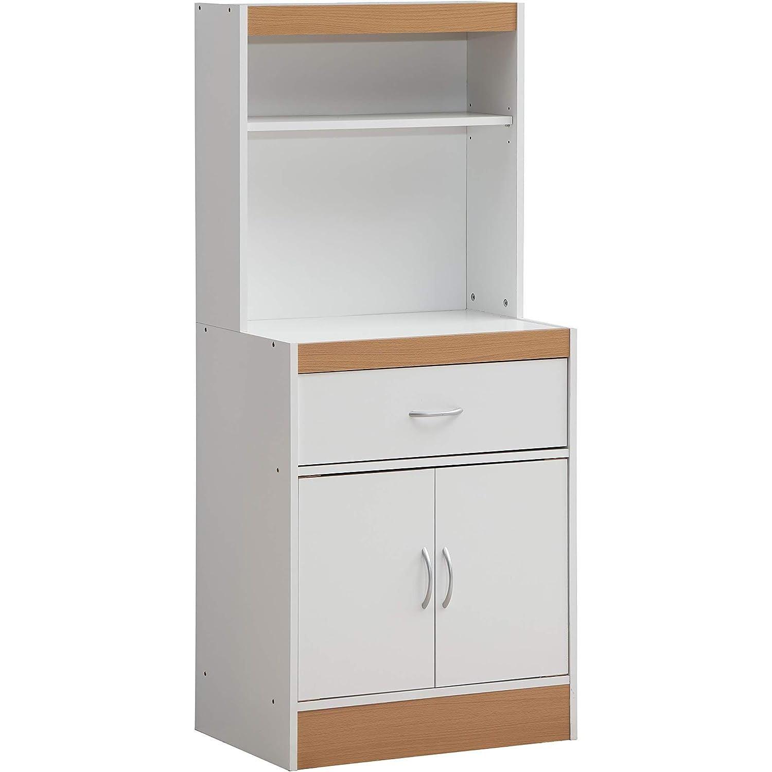 White Tall Kitchen Cabinet with Open Shelves and Drawer