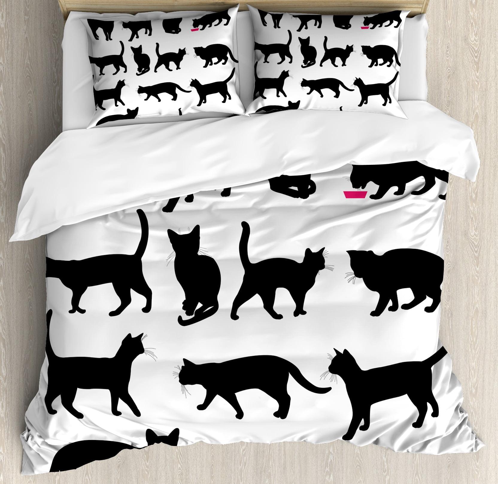 Queen Size Black and White Cat Silhouette Duvet Cover Set