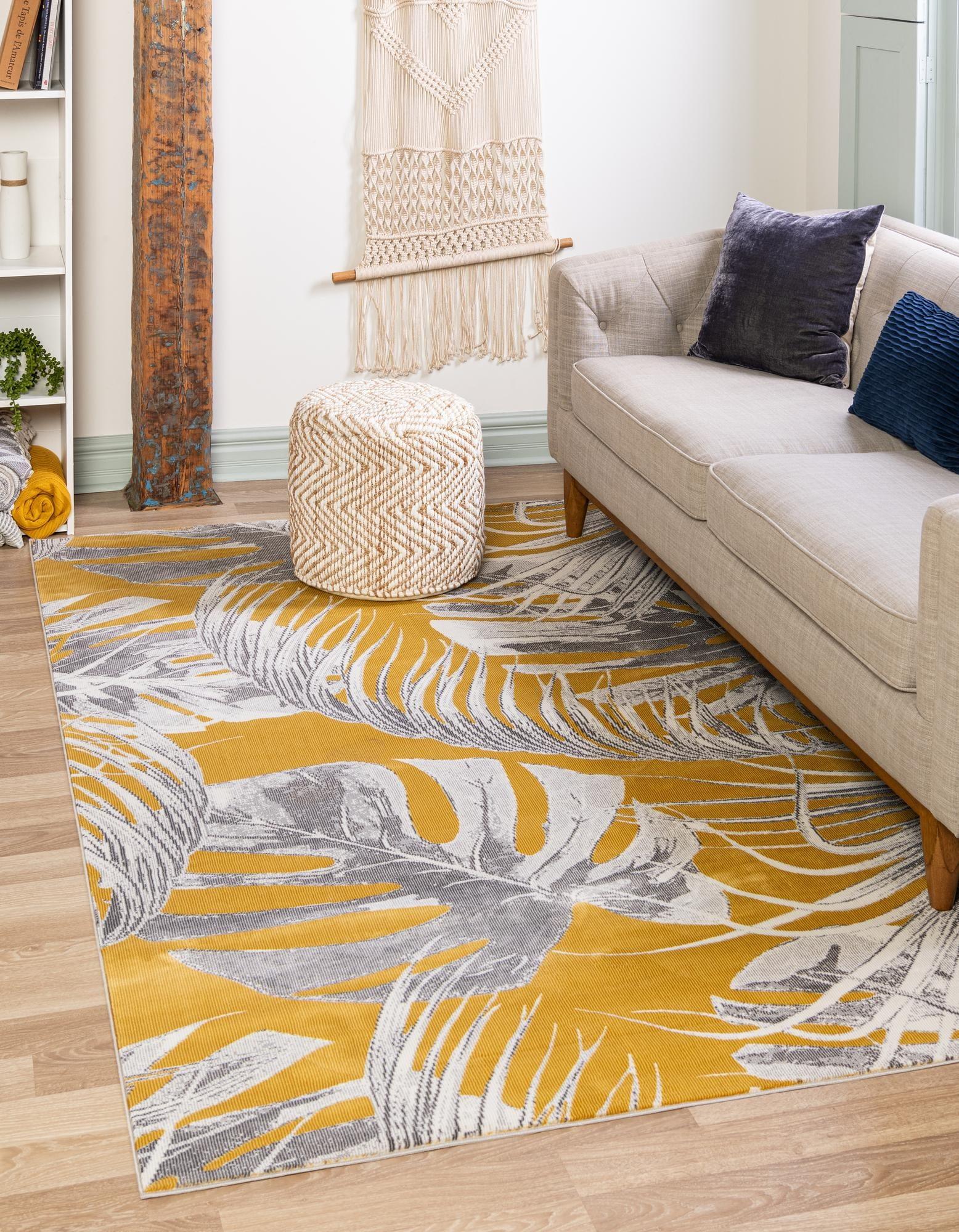 Yellow and Ivory Floral Rectangular Synthetic Rug