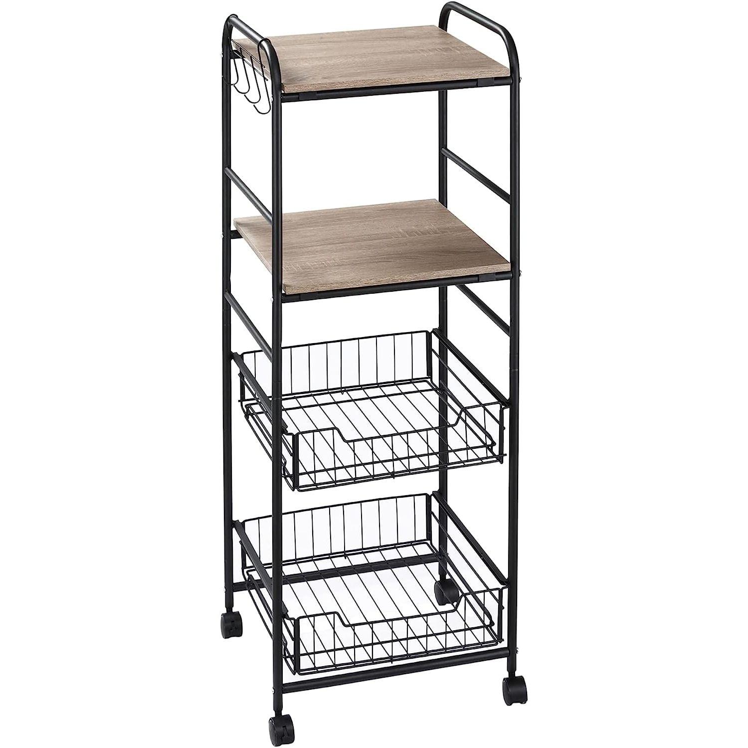 HOMCOM 16" 4-Tier Rolling Kitchen Cart, Utility Storage Trolley with 2 Basket Drawers, Side Hooks for Dining Room and Kitchen