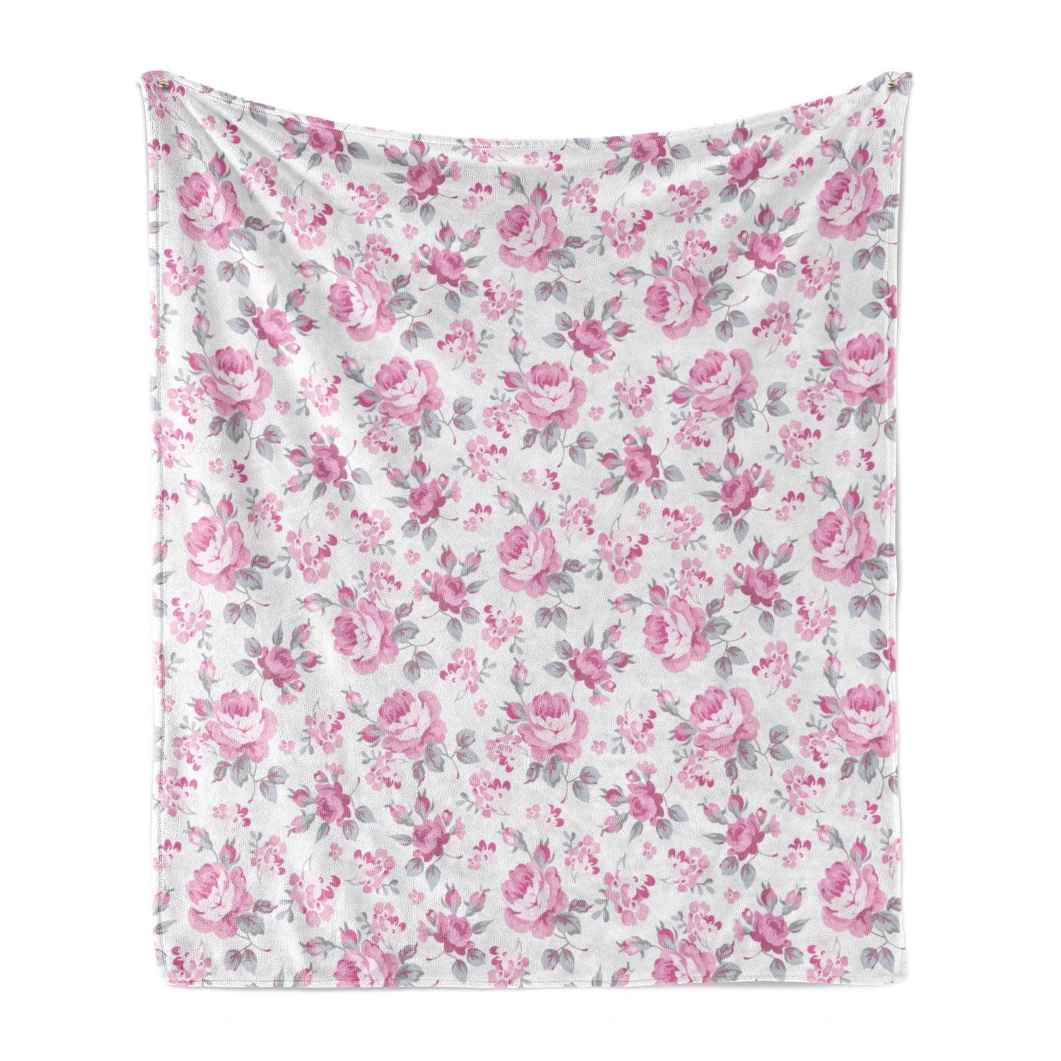 Ambesonne Shabby Flora Fleece Throw Blanket Pink Roses Spring Pale Pink White Grey