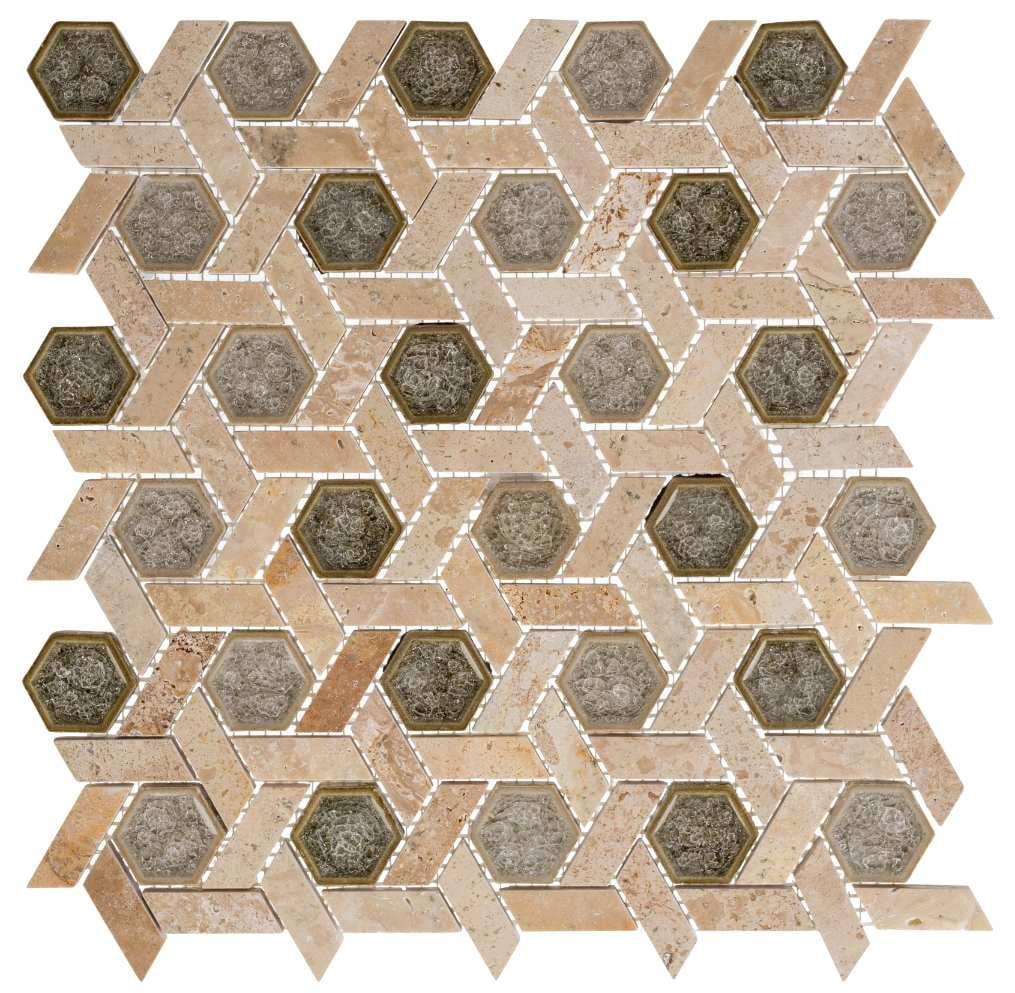 Exploration Israel Hexagon Natural Stone and Crackled Glass Mosaic Kitchen Backsplash, Bathroom, Shower, Wall and Floor Tile