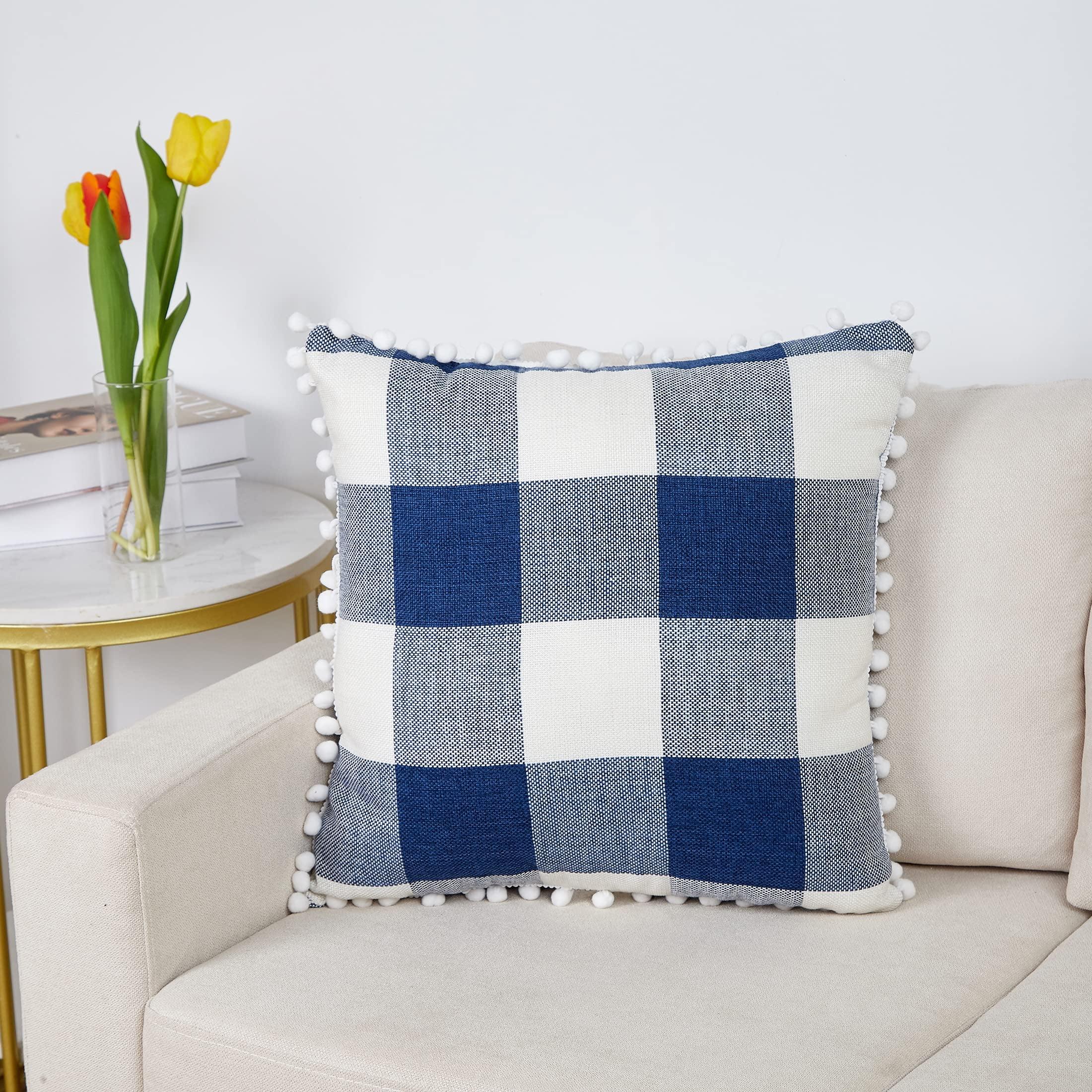 Navy and White Plaid Flannel Pillow with Pom-Poms