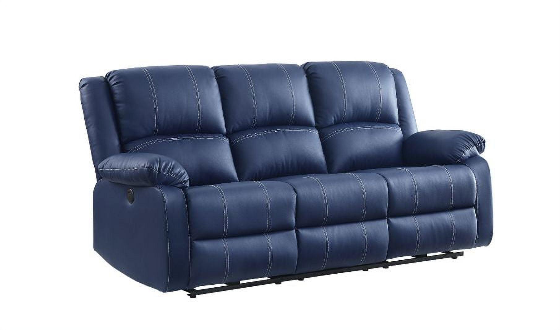 Blue Faux Leather Reclining Sofa with Pillow-Top Arms