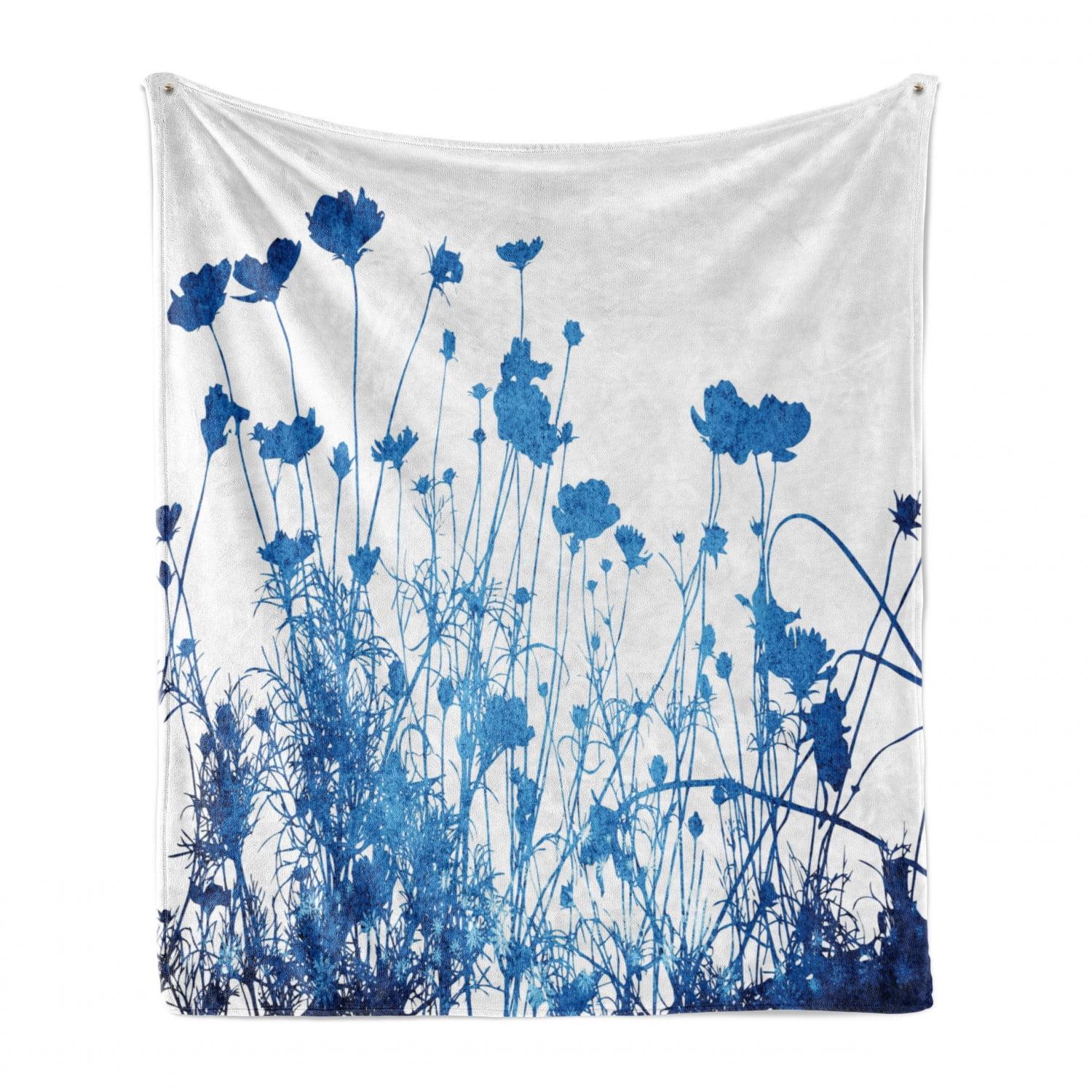 Ambesonne Blue White Fleece Throw Blanket Wildflowers Blooms White Blue