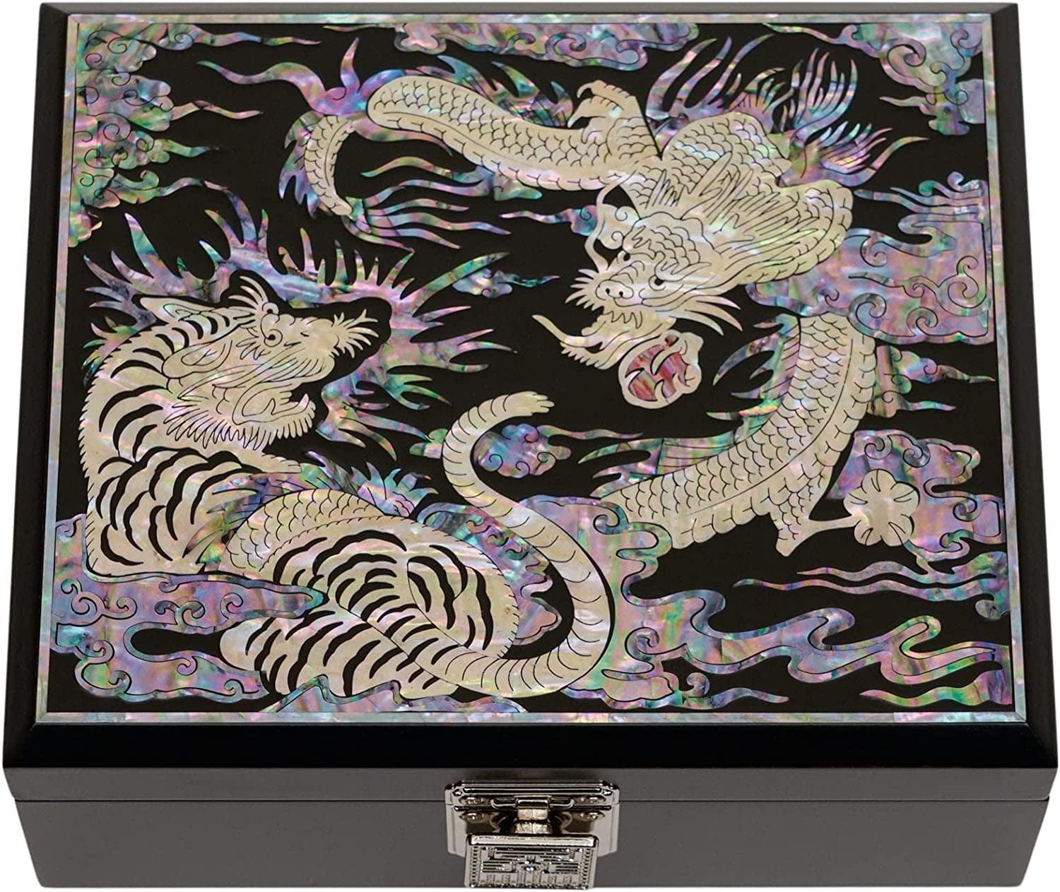 Elegant Lacquered Wooden Box with Mother of Pearl Inlay – Tiger and Dragon Design