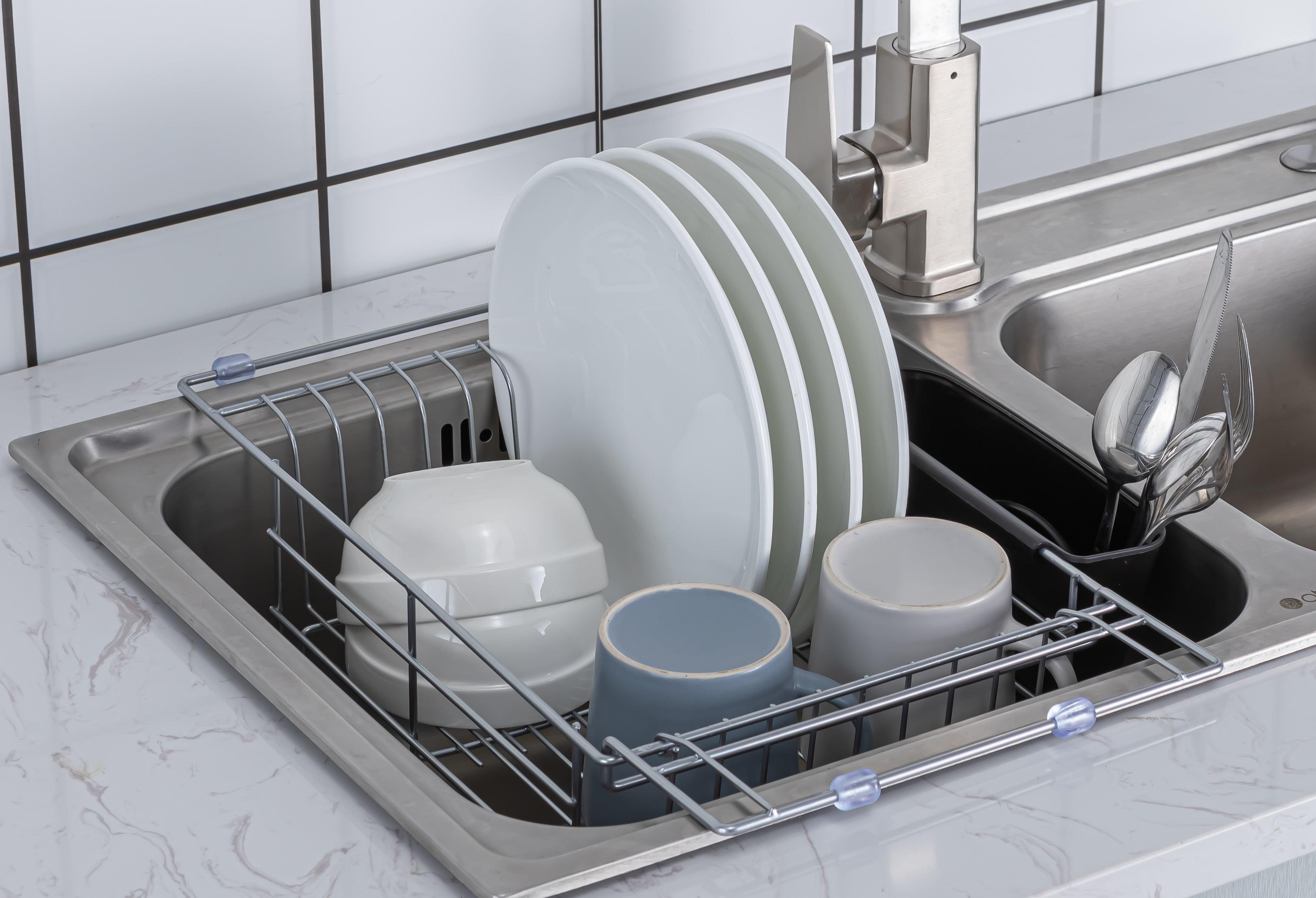 Adjustable Stainless Steel Over Sink Dish Rack with Utensil Cup