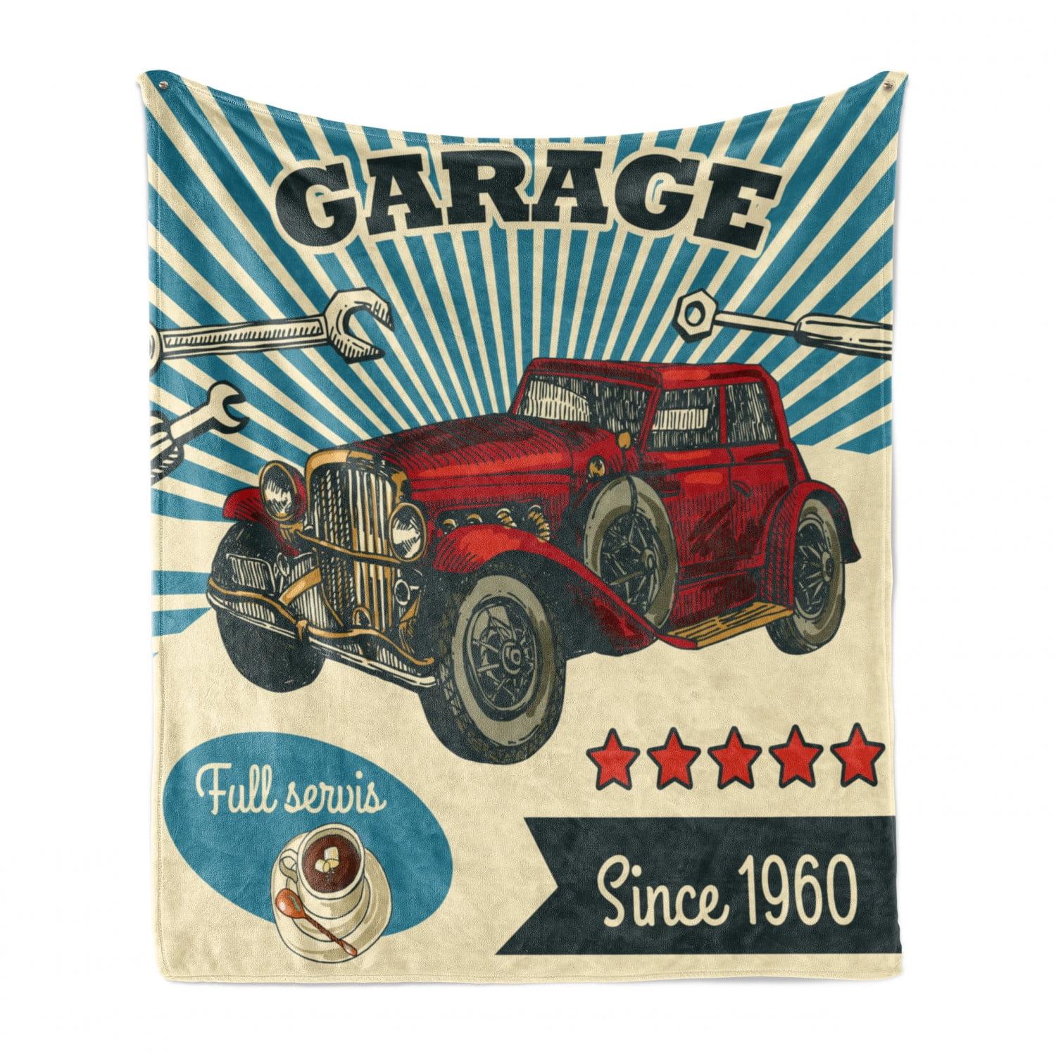 Ambesonne Auto Mechanic Fleece Throw Blanket Retro Car Garage Art Multicolor