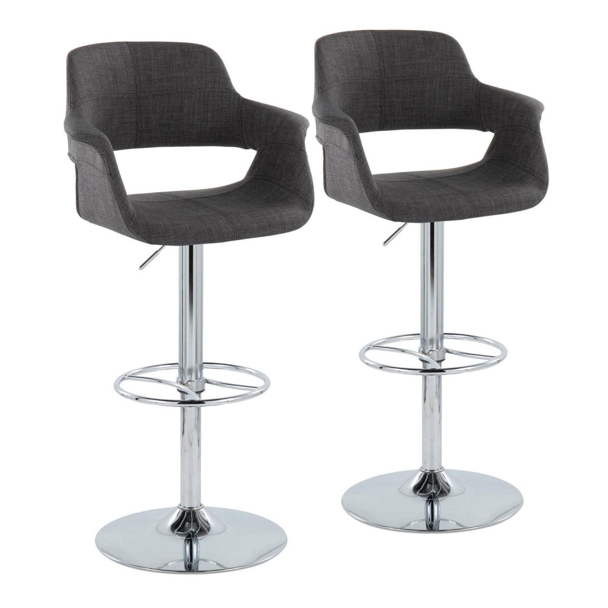 Vintage Flair Mid-Century Modern Adjustable Barstool In Chrome Metal And Charcoal Fabric With Wheel Footrest - Set Of 2