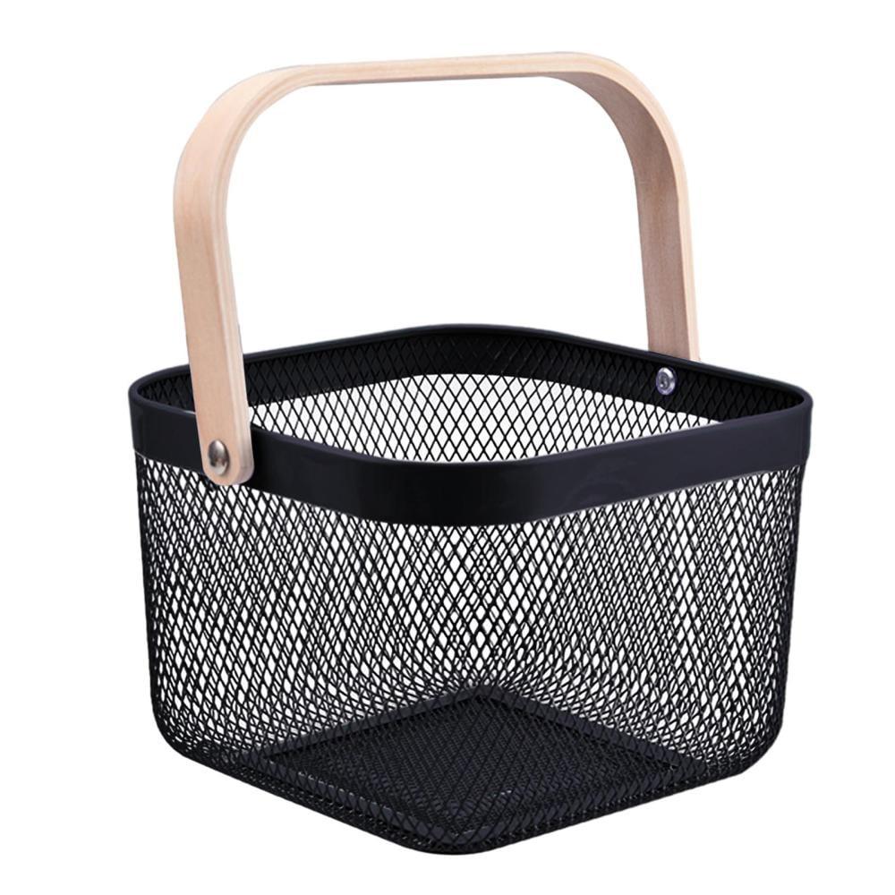 Black Metal Mesh Basket with Wooden Handle for Storage