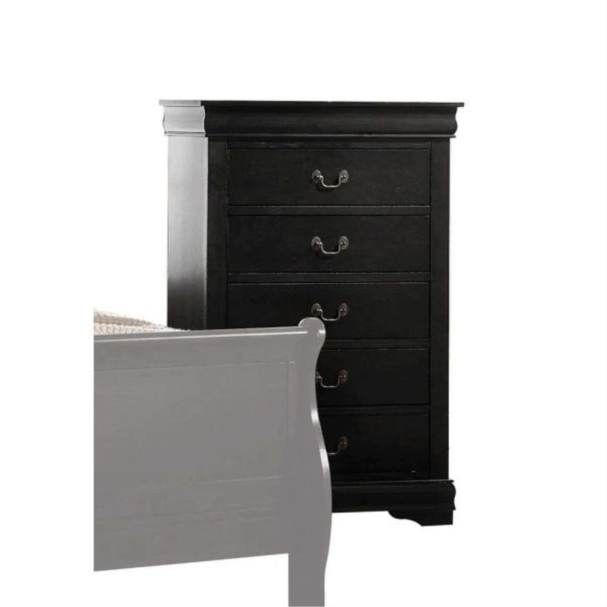 Elegant Solid Wood 5-Drawer Chest in Black with Antique Metal Handles