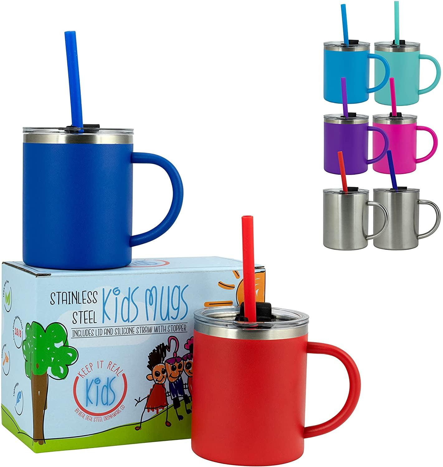 Stainless Steel Kids Mugs - BPA Free 10 oz Childrens Cup, Coffee Style Mugs for Hot Chocolate, Milk, Set of 2 with Handle, Lid and Straw (Blue / Red)…