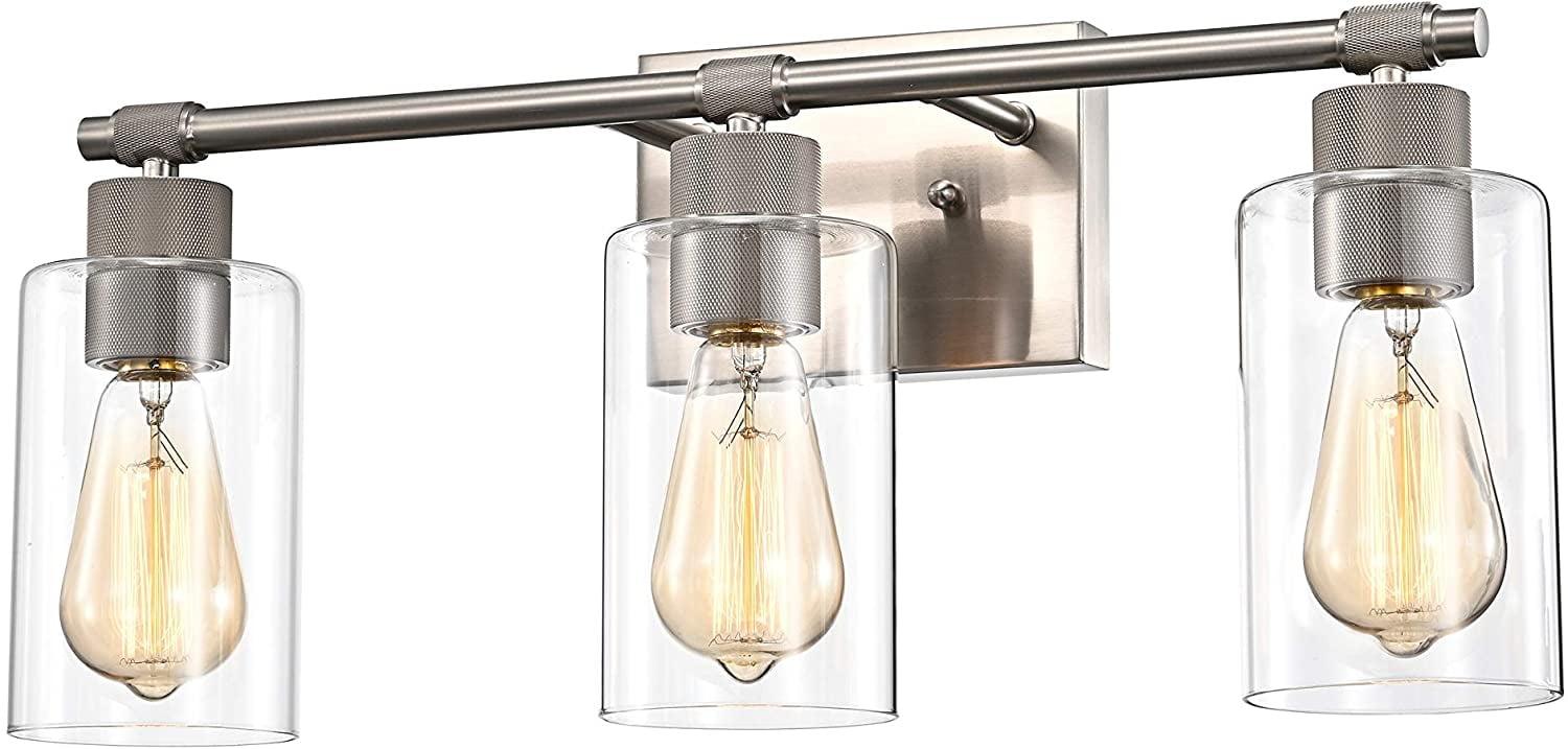 Transitional 3-Light Brushed Nickel Vanity Fixture with Clear Glass Shades