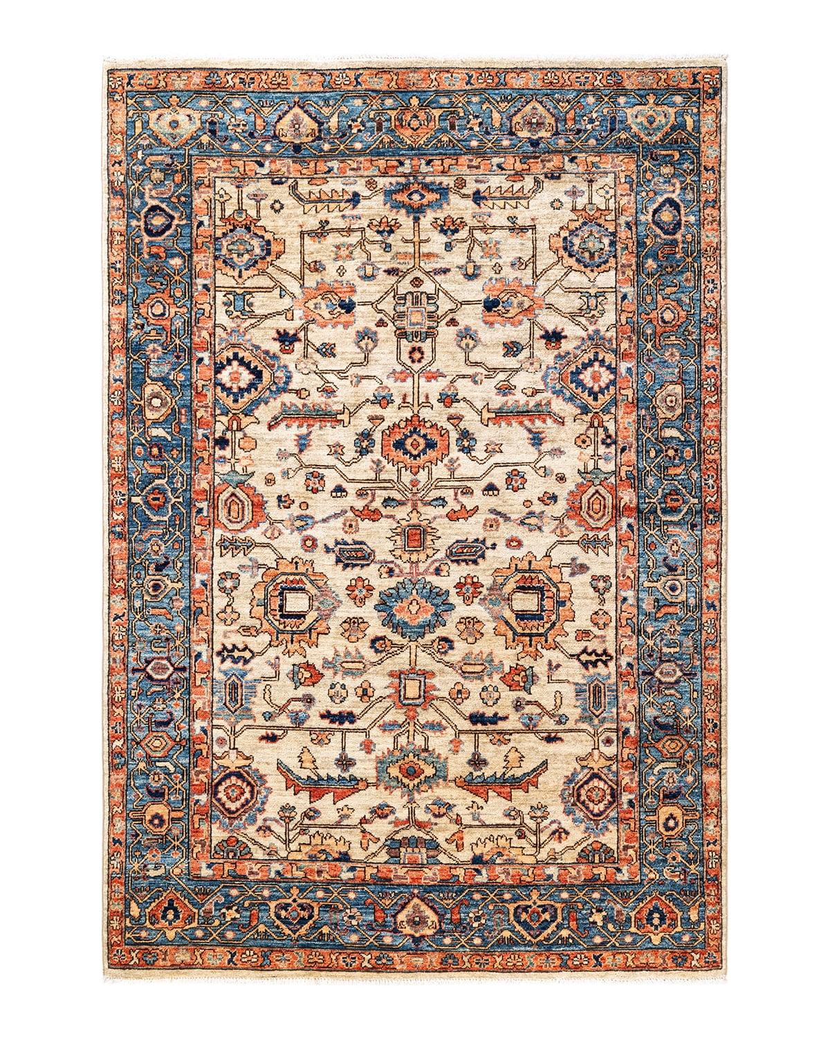 Ivory Geometric Hand-Knotted Wool Area Rug, 5' x 7'