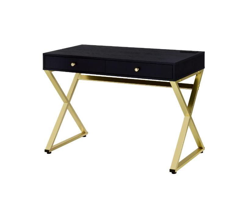 Black and Brass Wood Desk with USB Port and Drawers