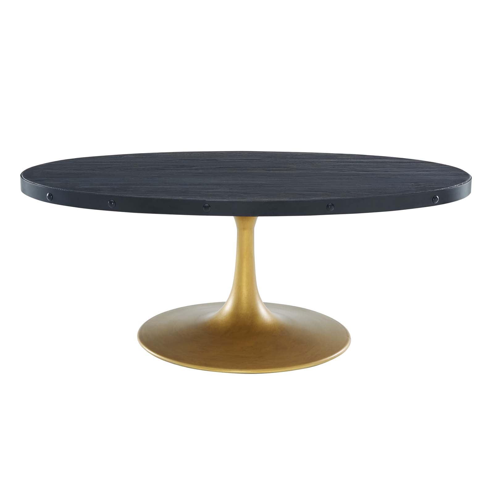 Oval Pine and Iron Pedestal Coffee Table in Black and Gold